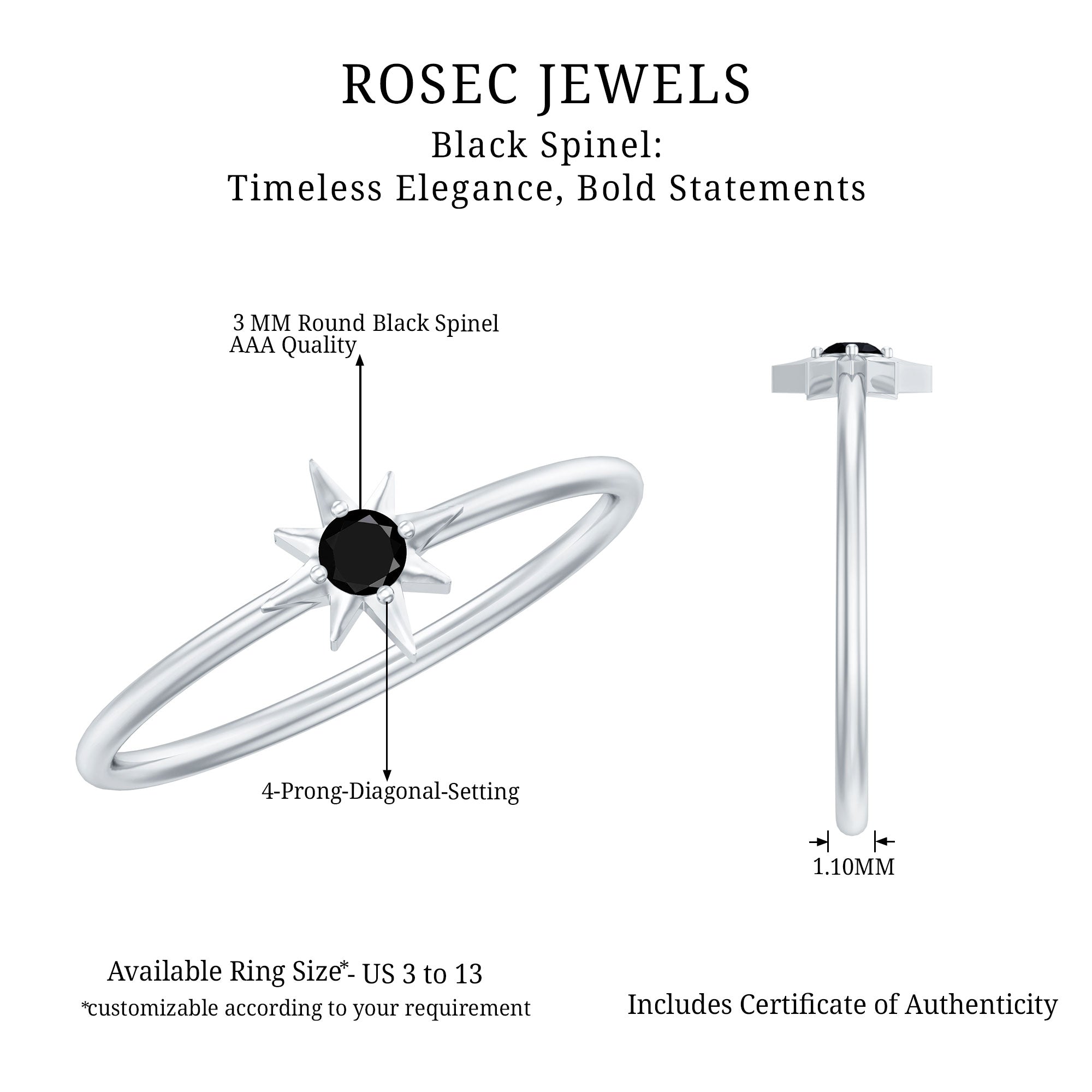 Genuine Black Spinel Sunburst Promise Ring for Women