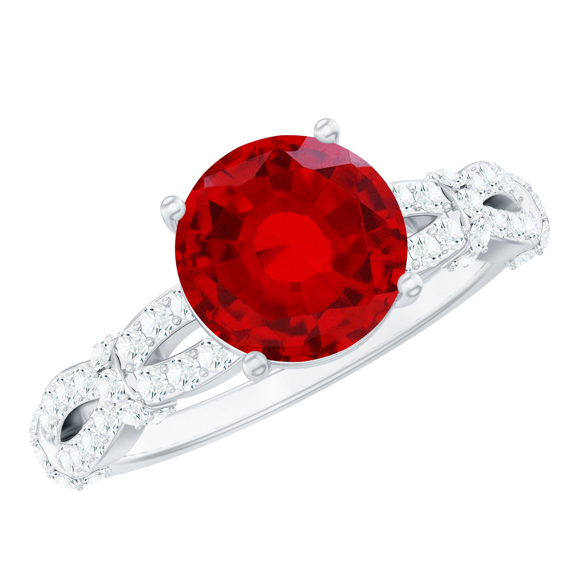 Lab Grown Ruby Ring – Solitaire Engagement With Criss Cross Diamond Accent Design