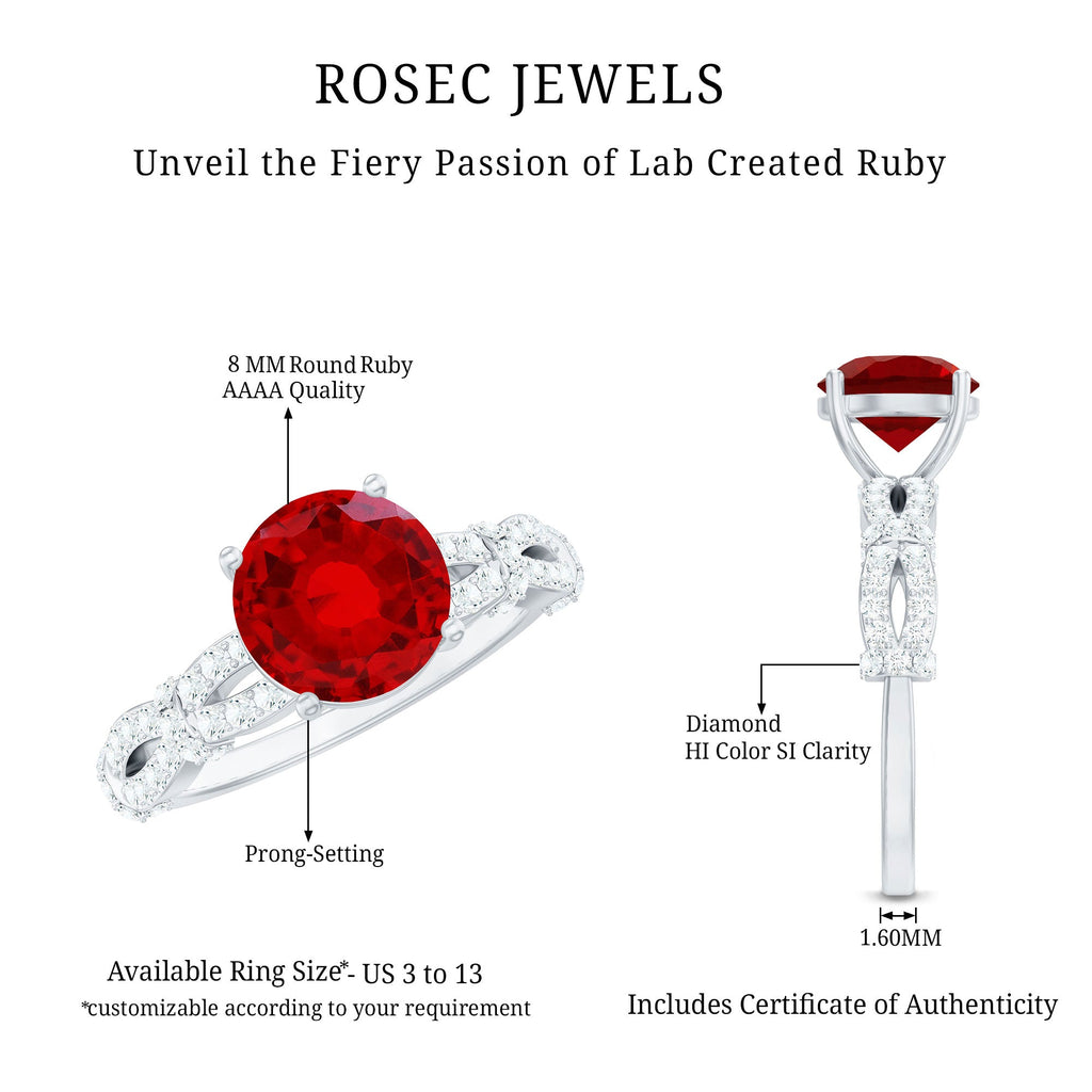 Lab Grown Ruby Ring – Solitaire Engagement With Criss Cross Diamond Accent Design