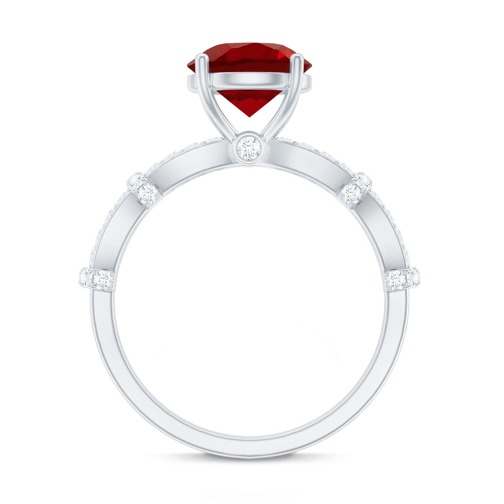Lab Grown Ruby Ring – Solitaire Engagement With Criss Cross Diamond Accent Design