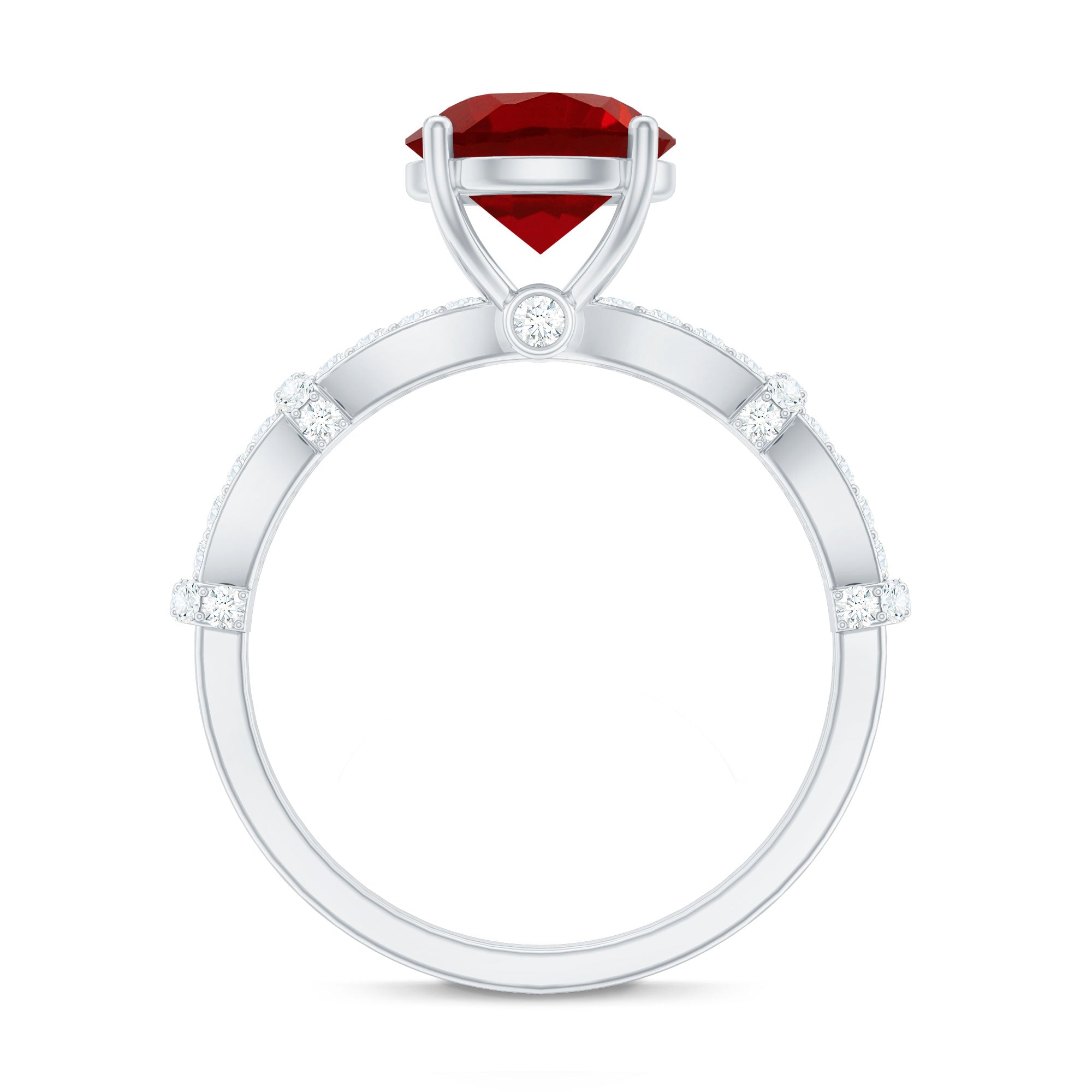 Lab Grown Ruby Ring – Solitaire Engagement With Criss Cross Diamond Accent Design