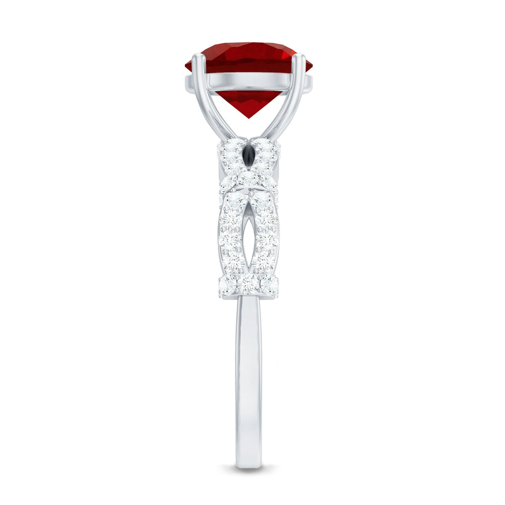 Lab Grown Ruby Ring – Solitaire Engagement With Criss Cross Diamond Accent Design