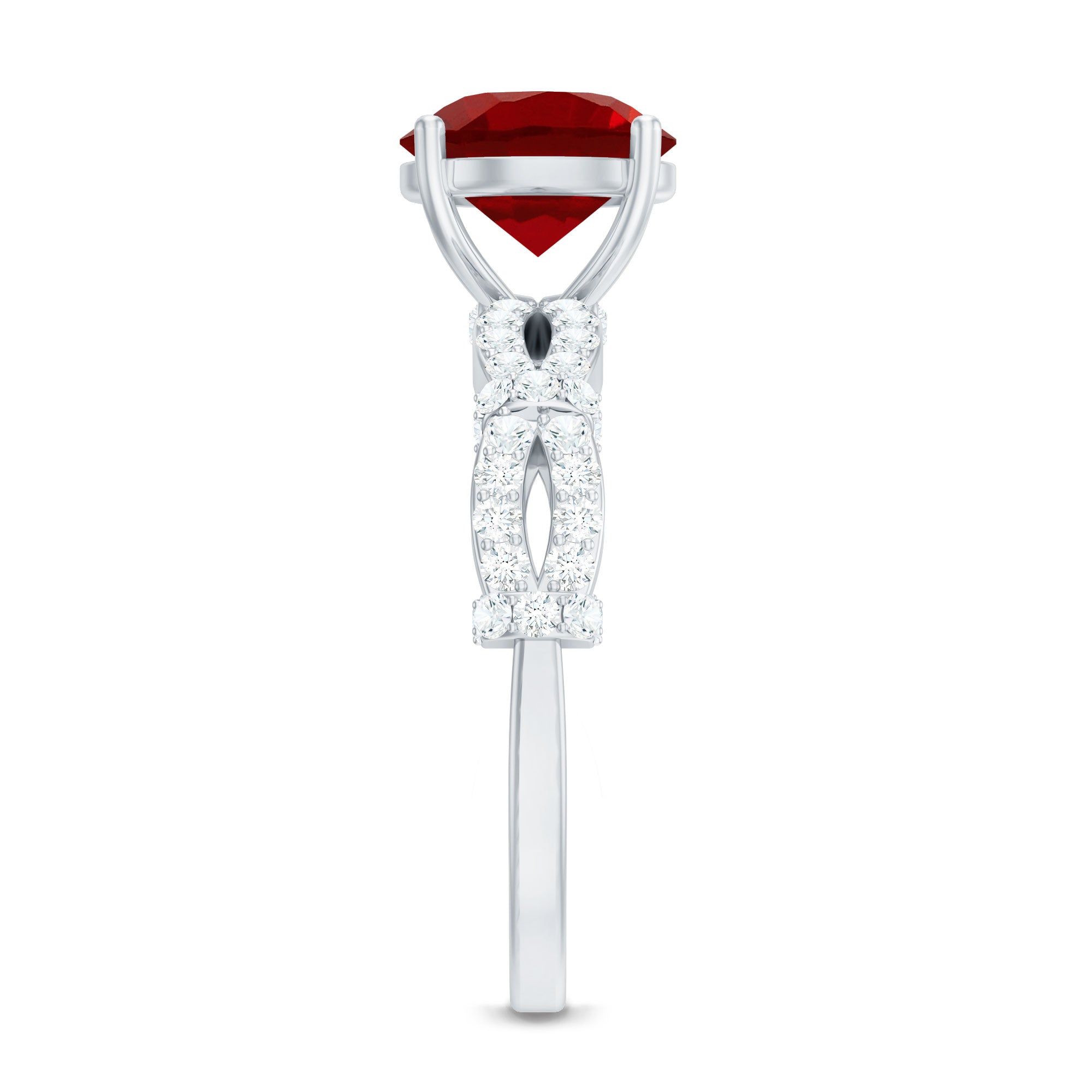 Lab Grown Ruby Ring – Solitaire Engagement With Criss Cross Diamond Accent Design