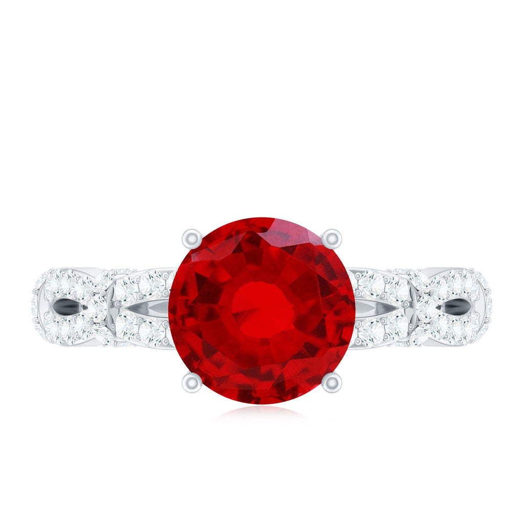 Lab Grown Ruby Ring – Solitaire Engagement With Criss Cross Diamond Accent Design