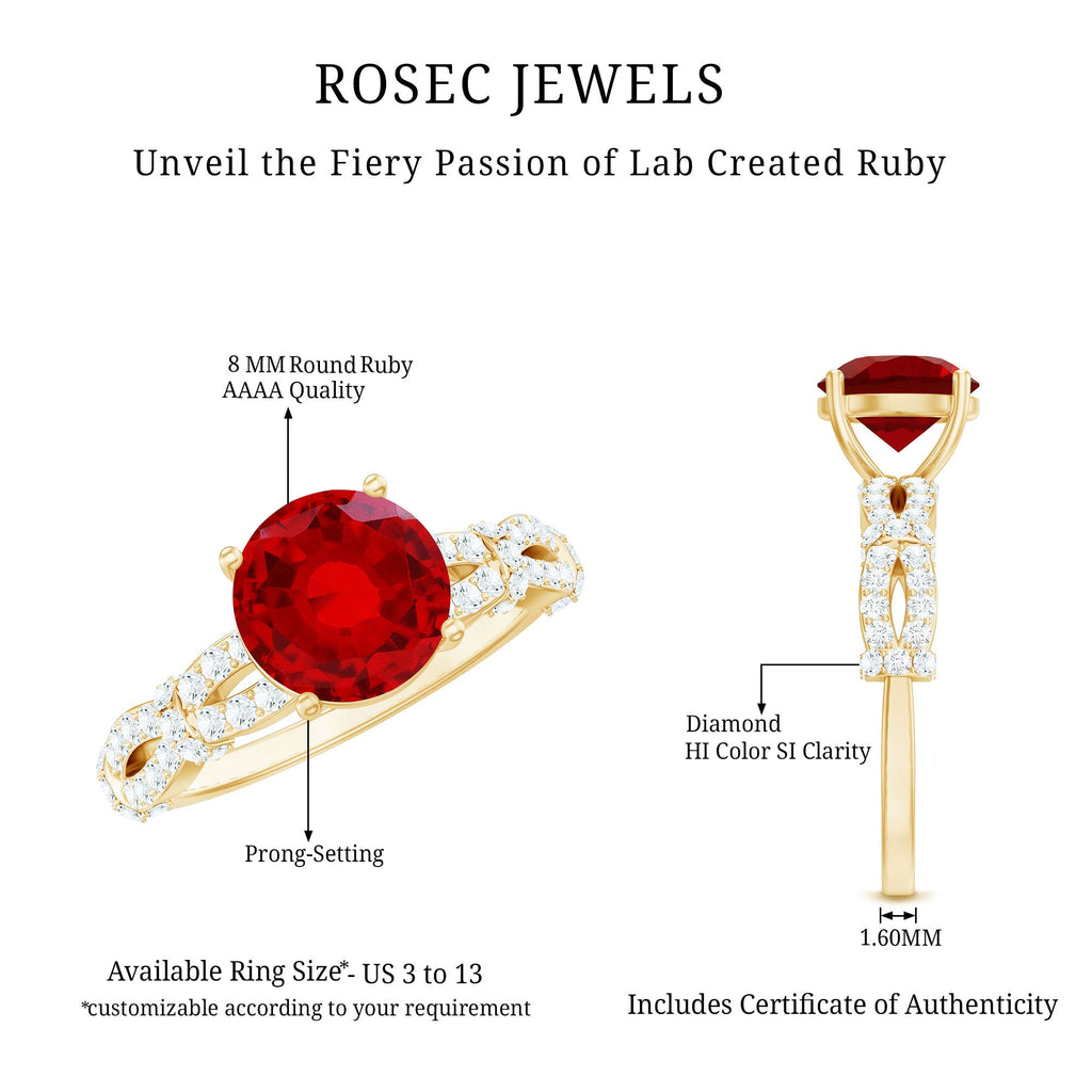 Lab Grown Ruby Ring – Solitaire Engagement With Criss Cross Diamond Accent Design