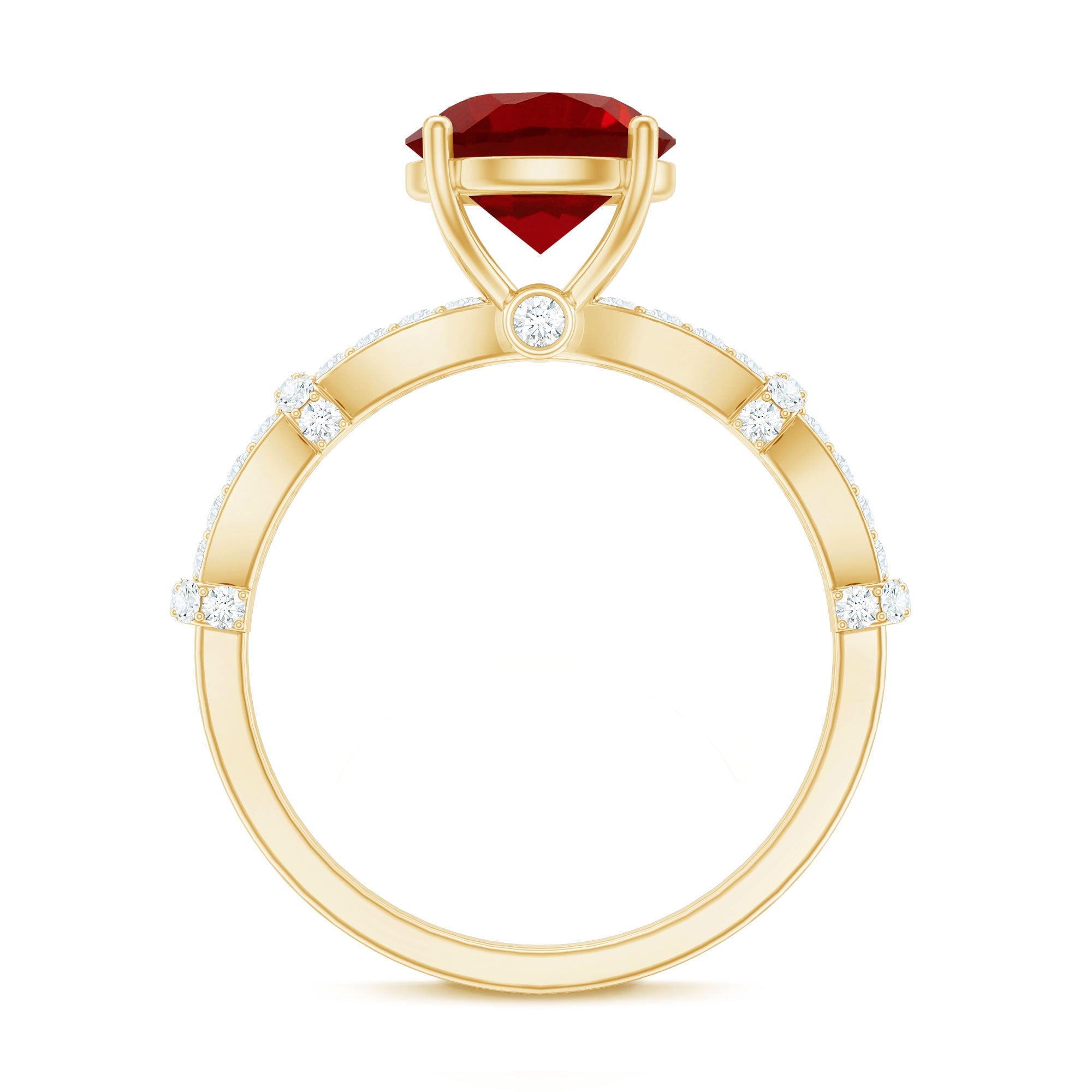 Lab Grown Ruby Ring – Solitaire Engagement With Criss Cross Diamond Accent Design