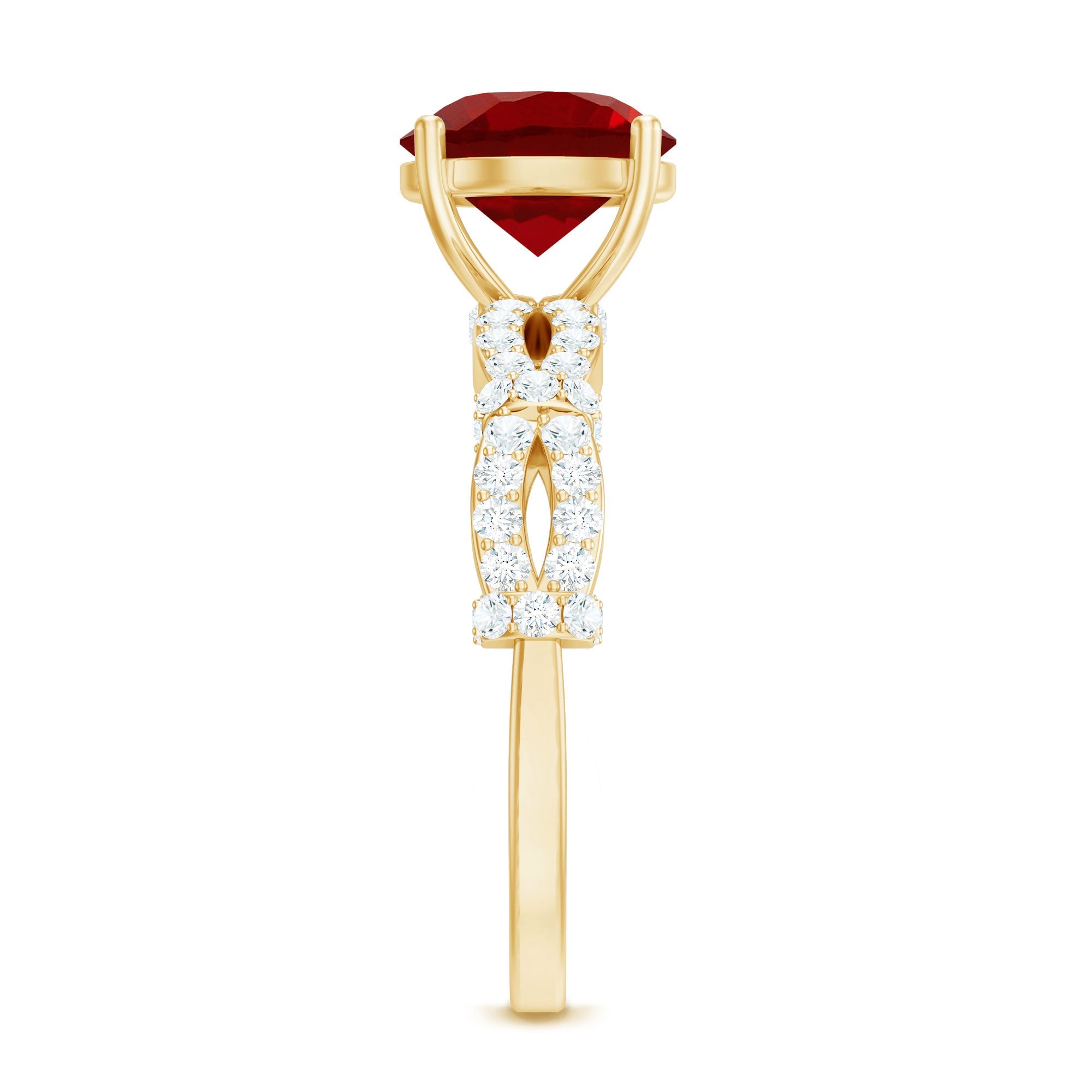 Lab Grown Ruby Ring – Solitaire Engagement With Criss Cross Diamond Accent Design