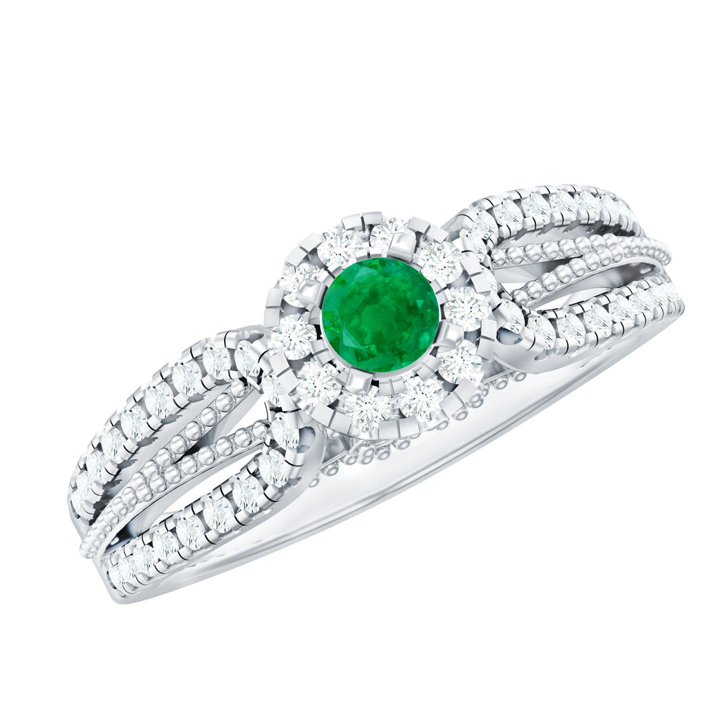 Emerald Engagement Ring - Vintage Diamond Halo Ring with Split Shank Design
