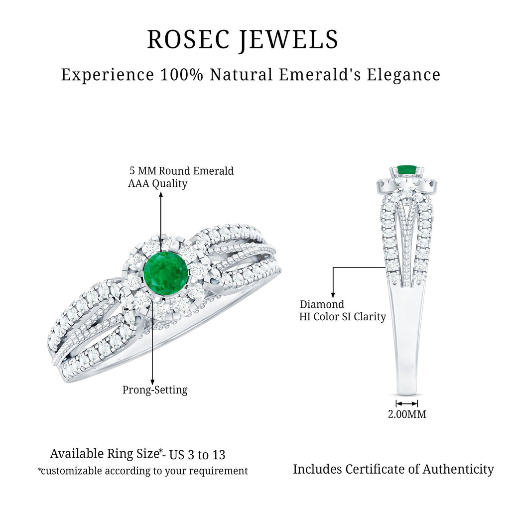 Emerald Engagement Ring - Vintage Diamond Halo Ring with Split Shank Design