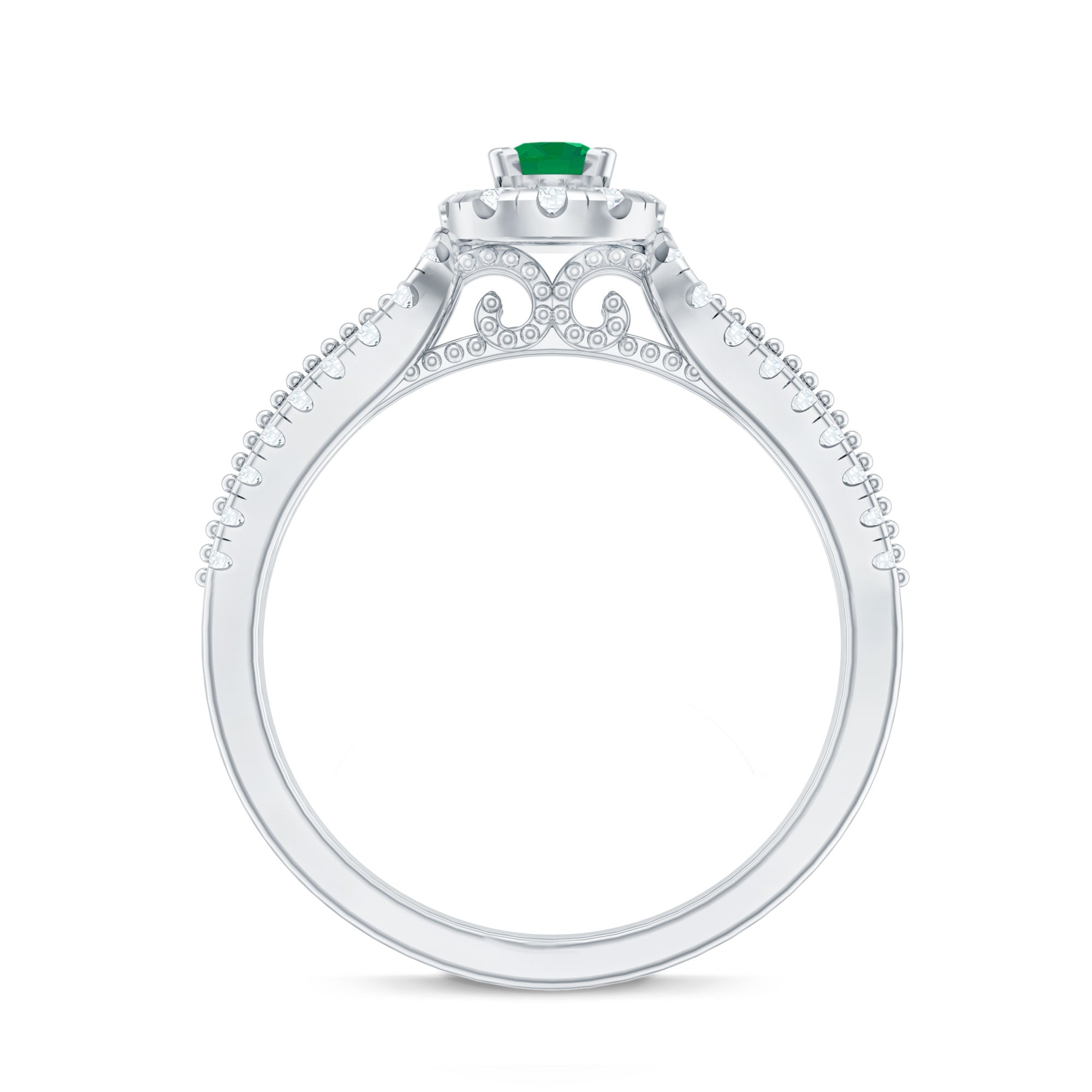 Emerald Engagement Ring - Vintage Diamond Halo Ring with Split Shank Design