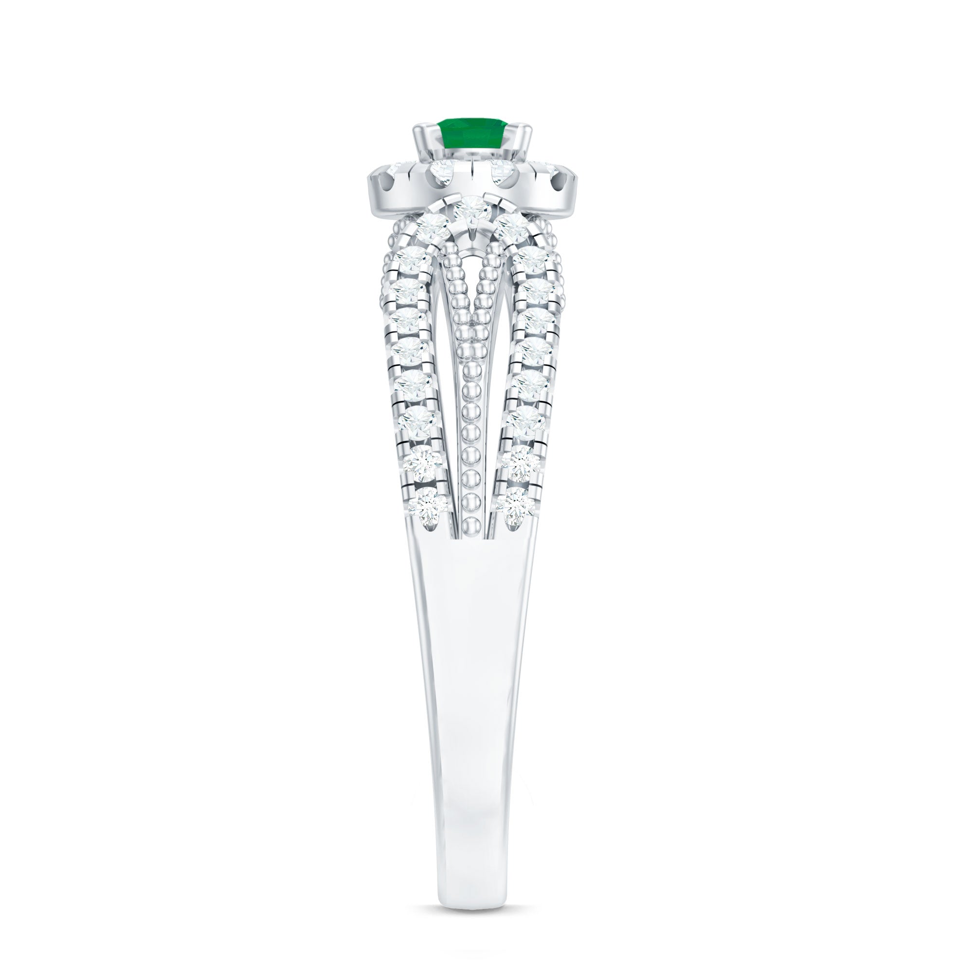 Emerald Engagement Ring - Vintage Diamond Halo Ring with Split Shank Design