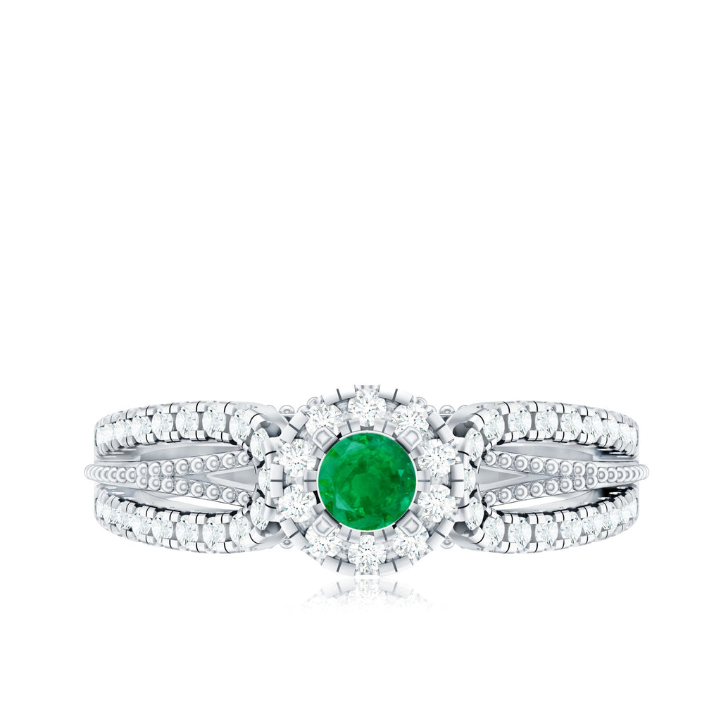 Emerald Engagement Ring - Vintage Diamond Halo Ring with Split Shank Design