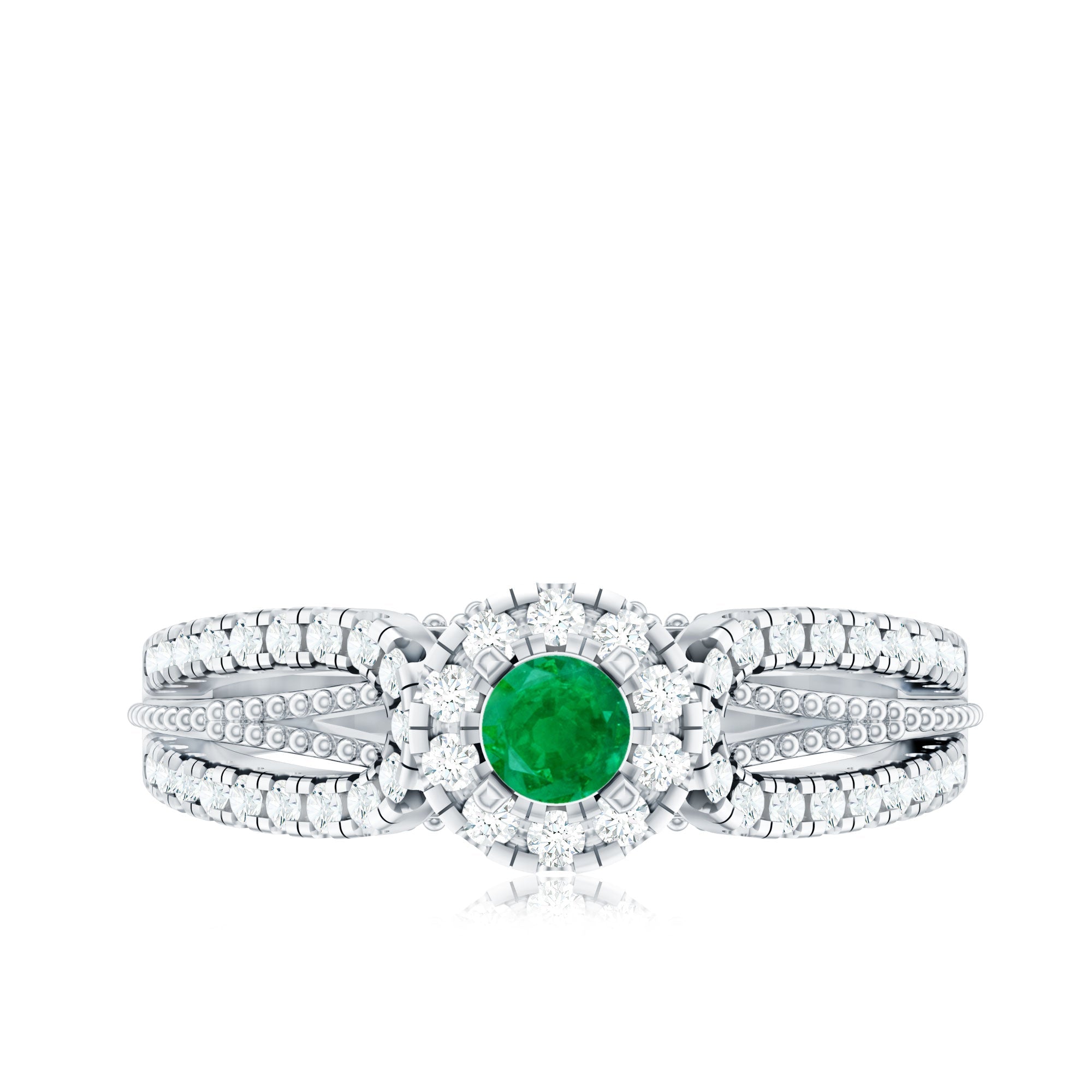 Emerald Engagement Ring - Vintage Diamond Halo Ring with Split Shank Design