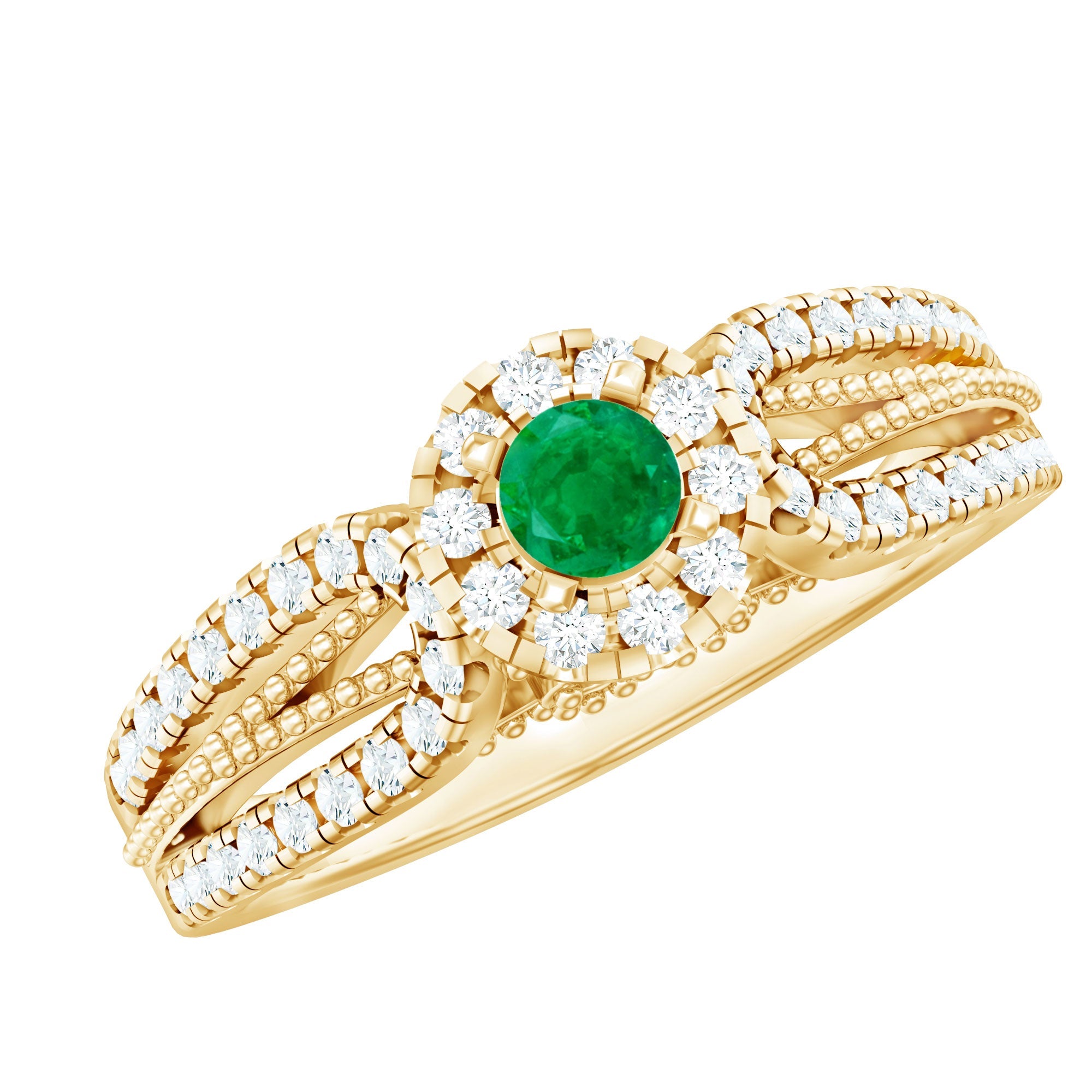 Emerald Engagement Ring - Vintage Diamond Halo Ring with Split Shank Design