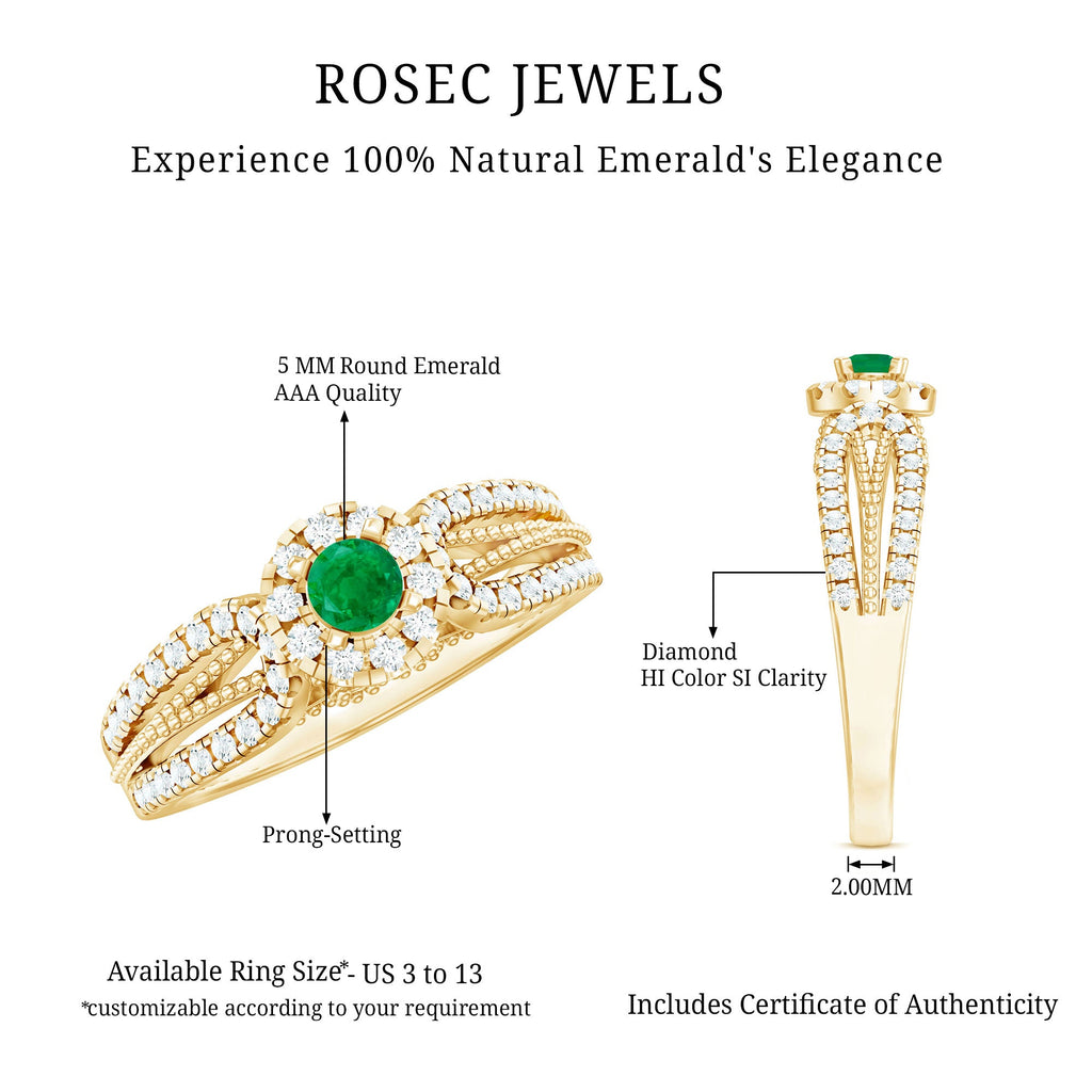 Emerald Engagement Ring - Vintage Diamond Halo Ring with Split Shank Design