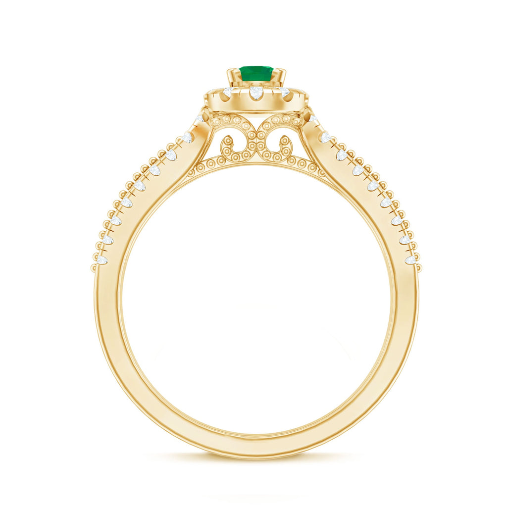 Emerald Engagement Ring - Vintage Diamond Halo Ring with Split Shank Design