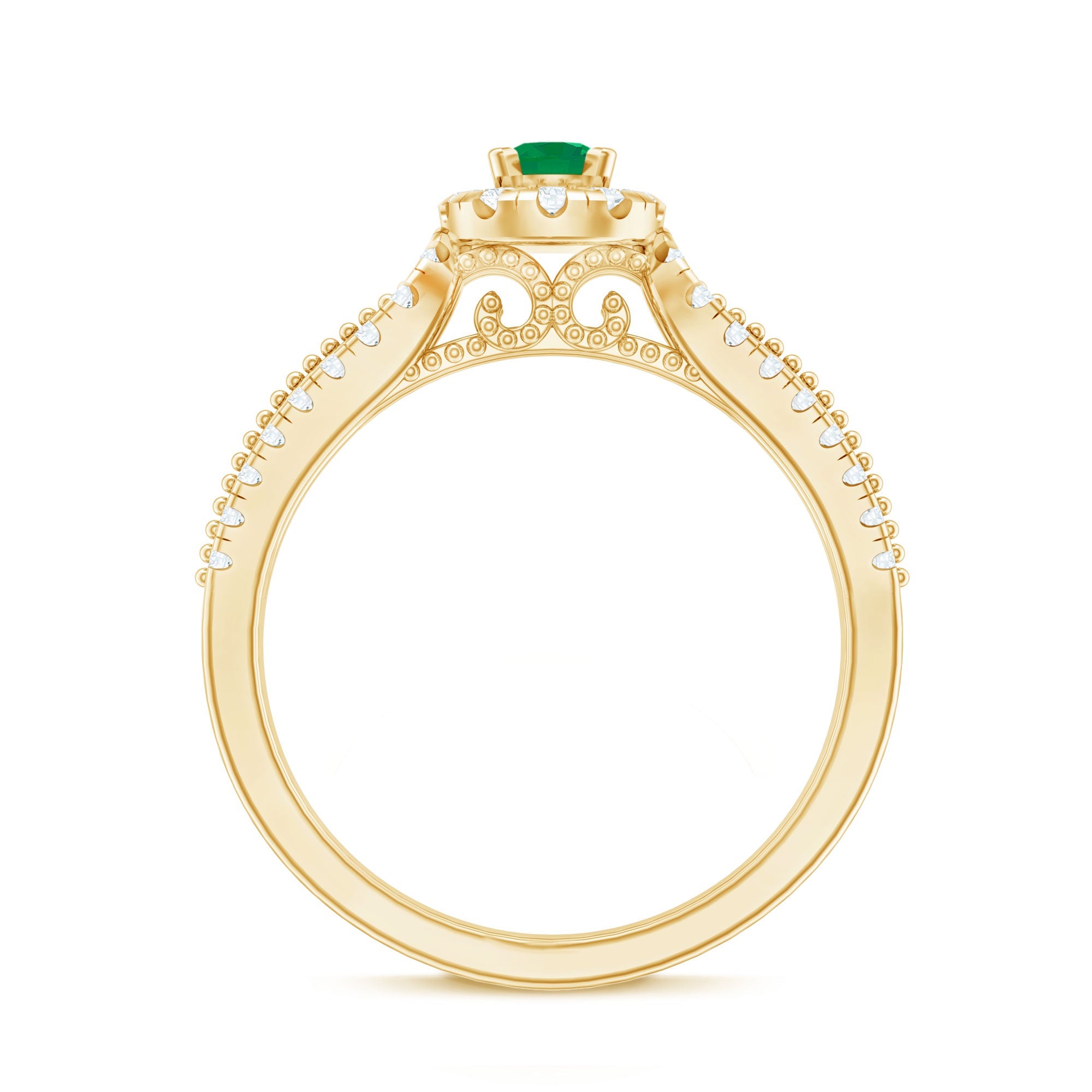 Emerald Engagement Ring - Vintage Diamond Halo Ring with Split Shank Design