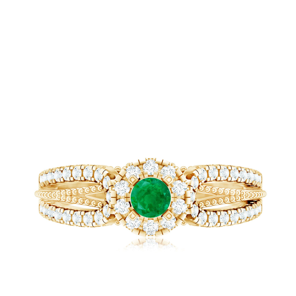 Emerald Engagement Ring - Vintage Diamond Halo Ring with Split Shank Design