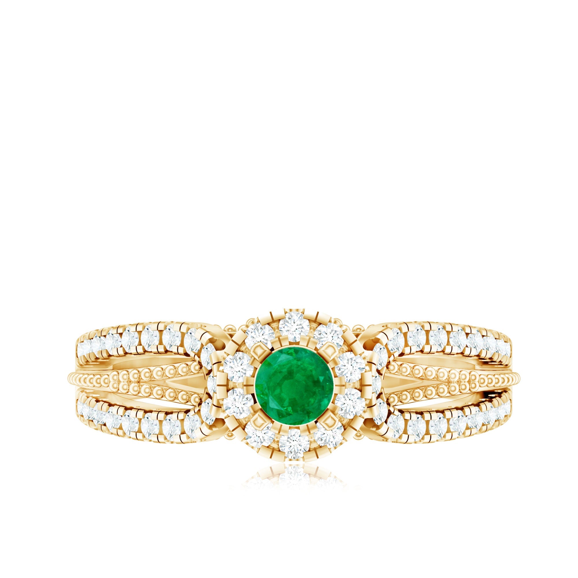 Emerald Engagement Ring - Vintage Diamond Halo Ring with Split Shank Design
