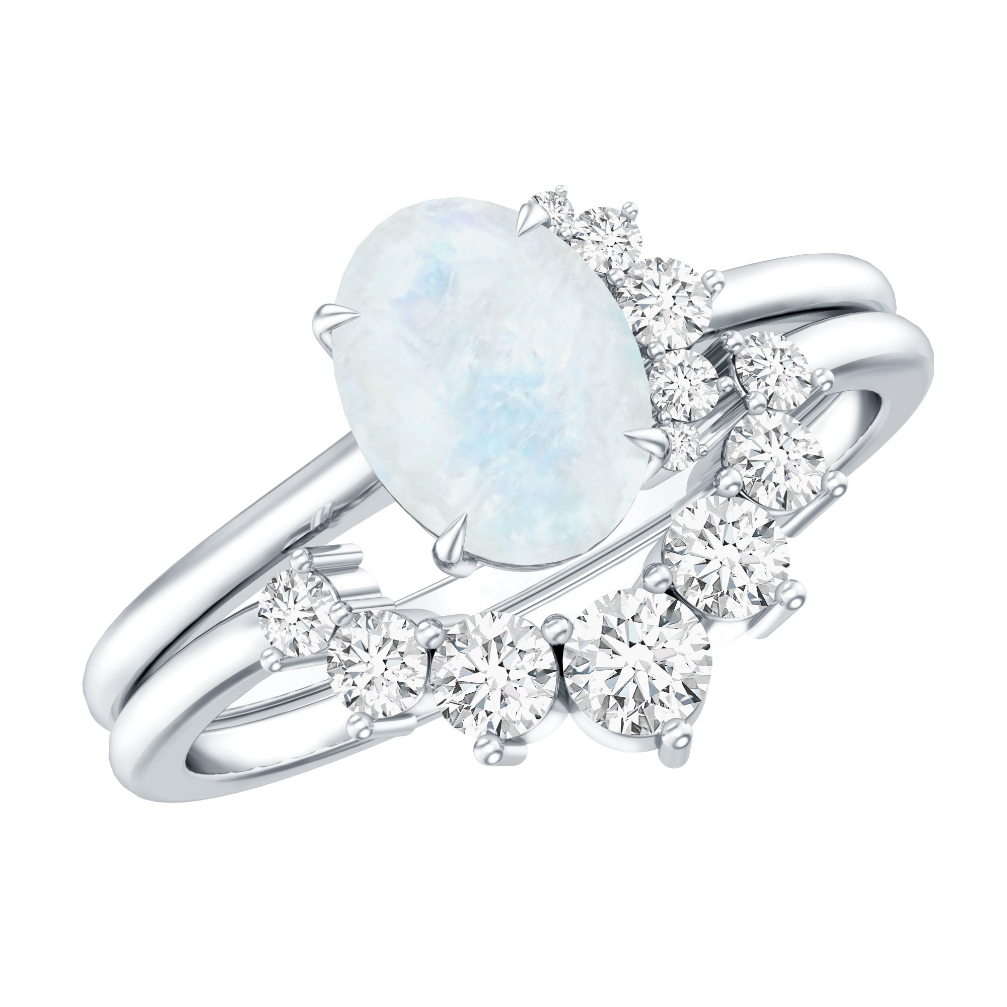 0.6 Carat Oval Moonstone and Diamond Engagement Ring Set