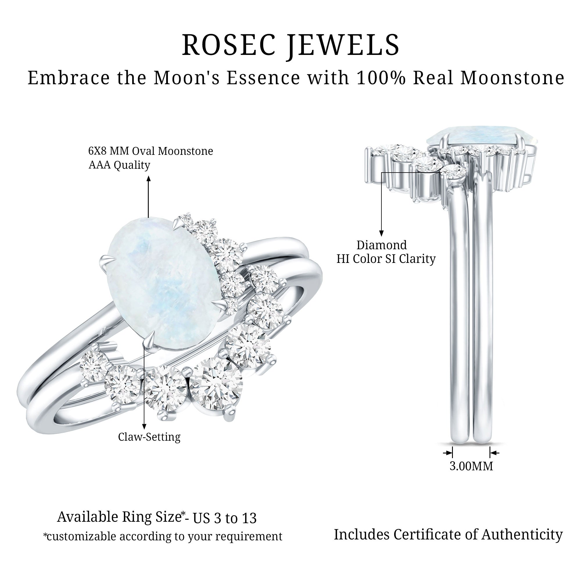 0.6 Carat Oval Moonstone and Diamond Engagement Ring Set