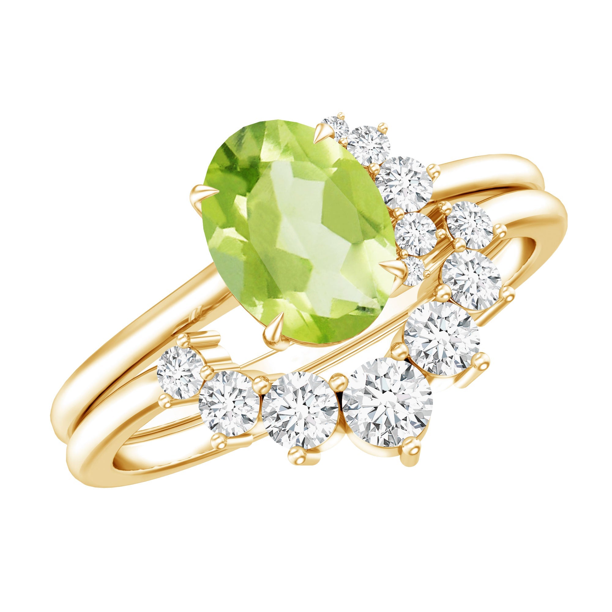 Peridot Engagement Ring - 1 Carat Oval Peridot Ring with Diamond Wedding Band Set