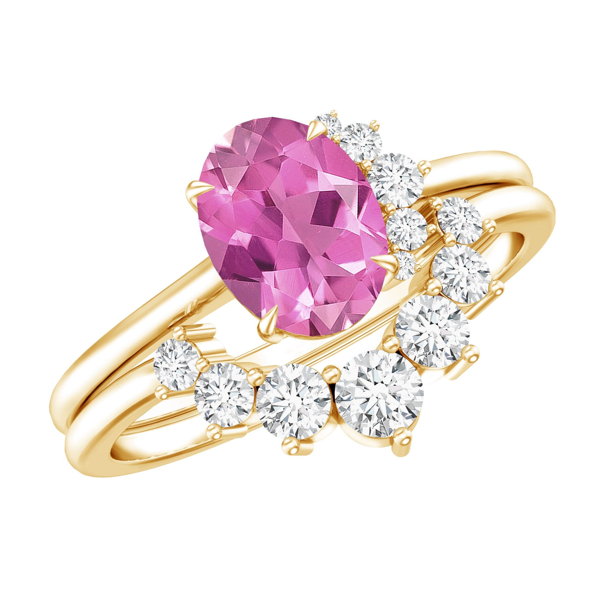 1 carat oval pink tourmaline and diamond wedding ring set in yellow gold