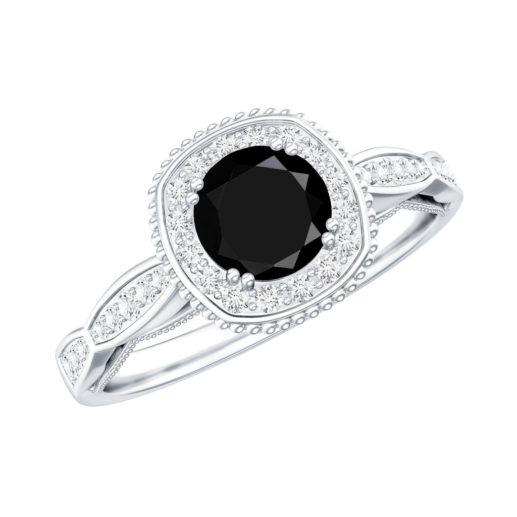 0.4 Carat Round Shape Black Onyx Vintage Engagement Ring with Diamond Halo