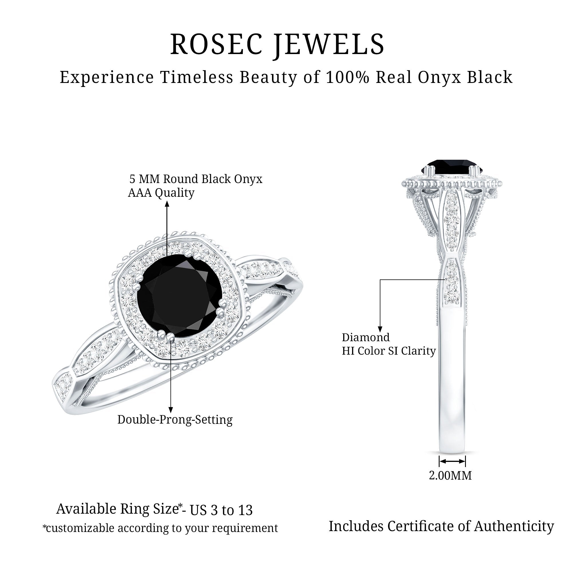 0.4 Carat Round Shape Black Onyx Vintage Engagement Ring with Diamond Halo