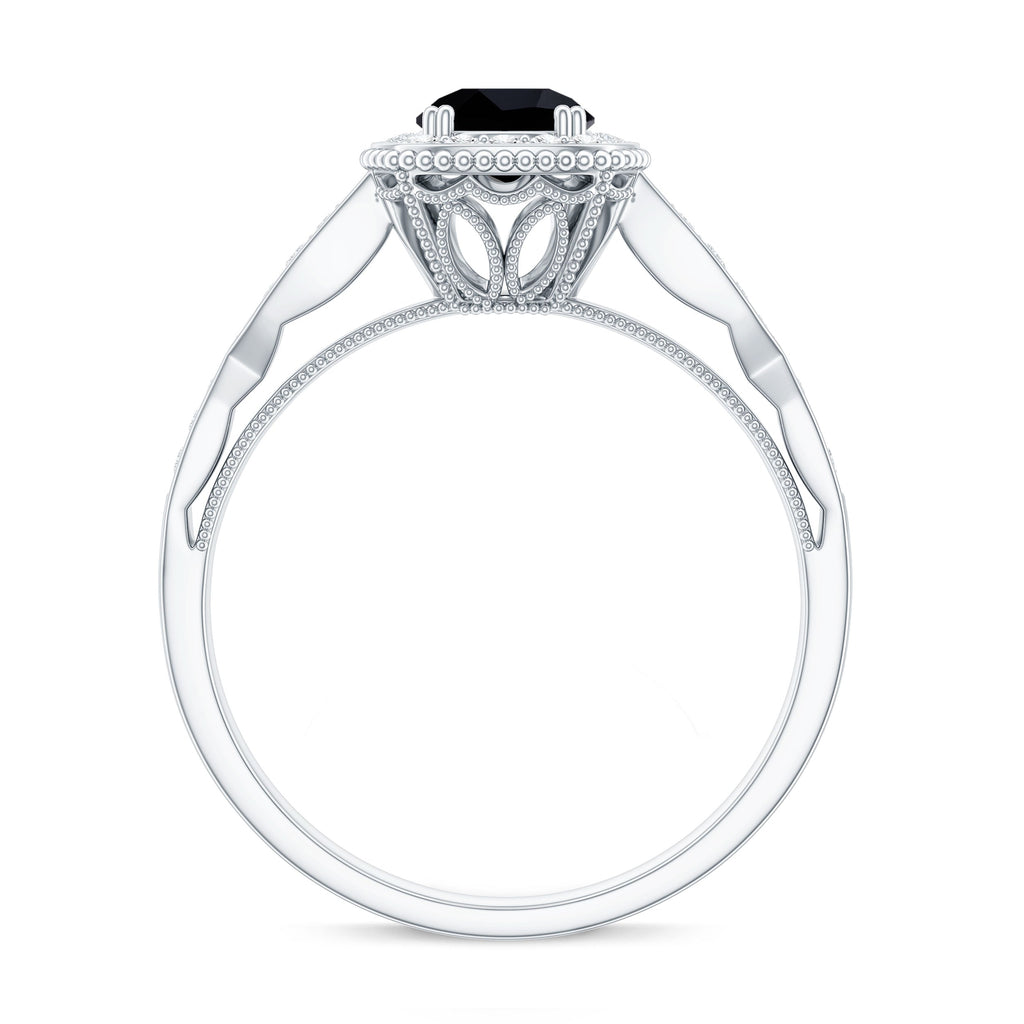 0.4 Carat Round Shape Black Onyx Vintage Engagement Ring with Diamond Halo