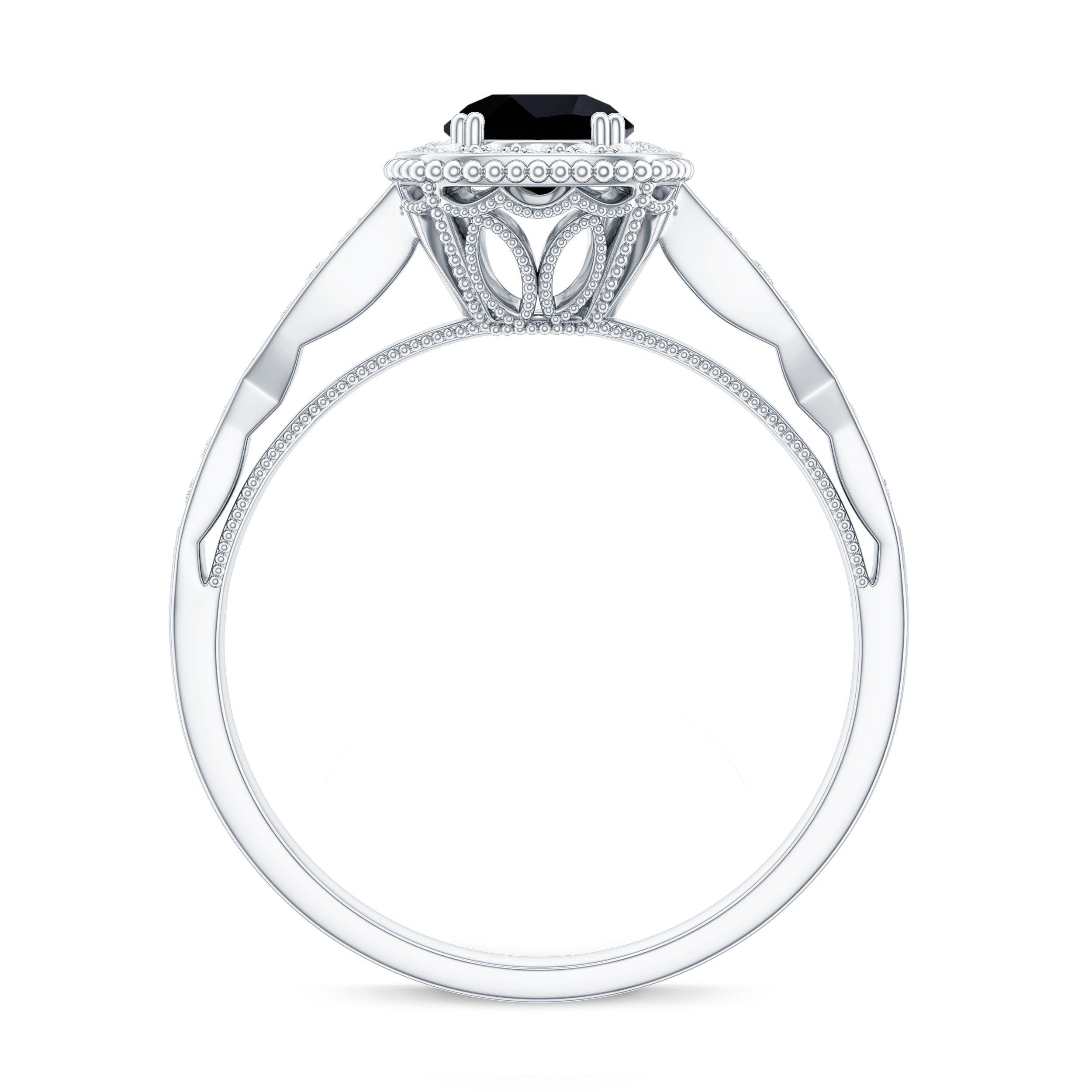 0.4 Carat Round Shape Black Onyx Vintage Engagement Ring with Diamond Halo