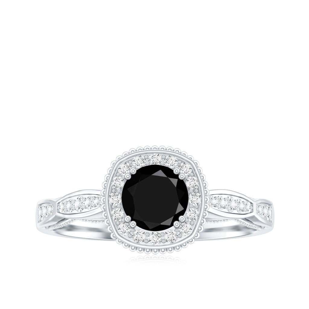 0.4 Carat Round Shape Black Onyx Vintage Engagement Ring with Diamond Halo