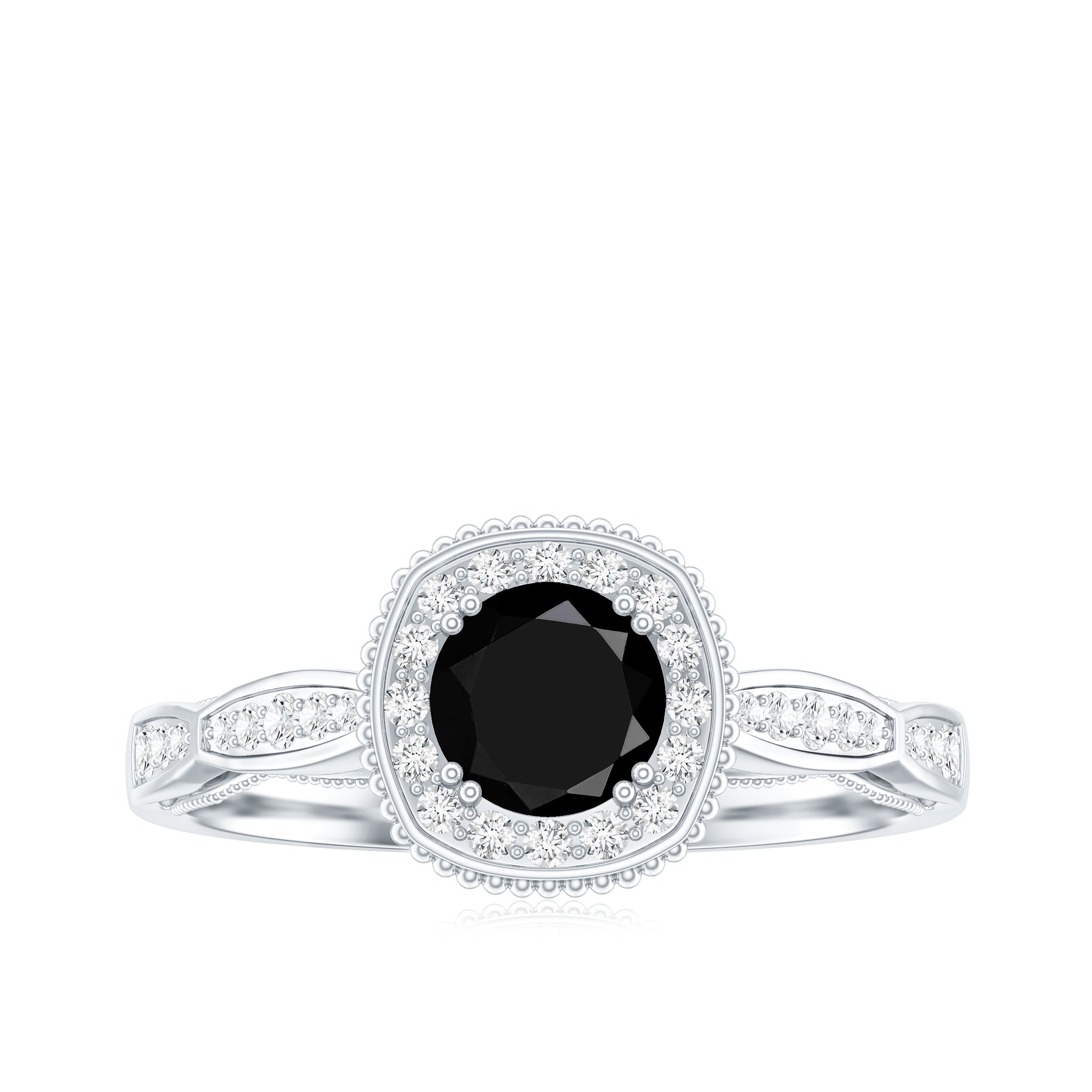 0.4 Carat Round Shape Black Onyx Vintage Engagement Ring with Diamond Halo