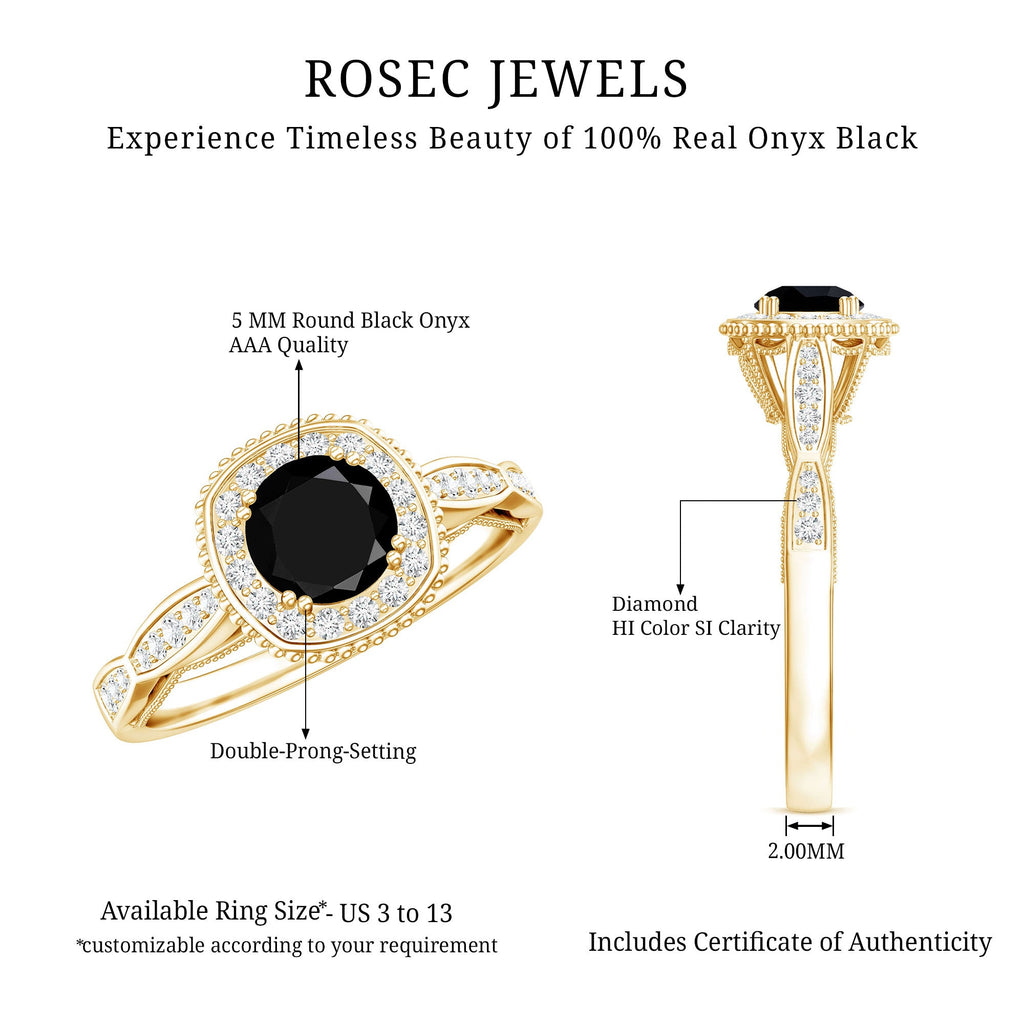 0.4 Carat Round Shape Black Onyx Vintage Engagement Ring with Diamond Halo
