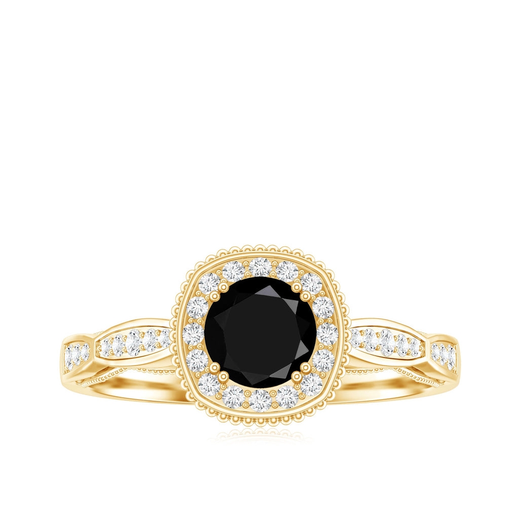 0.4 Carat Round Shape Black Onyx Vintage Engagement Ring with Diamond Halo