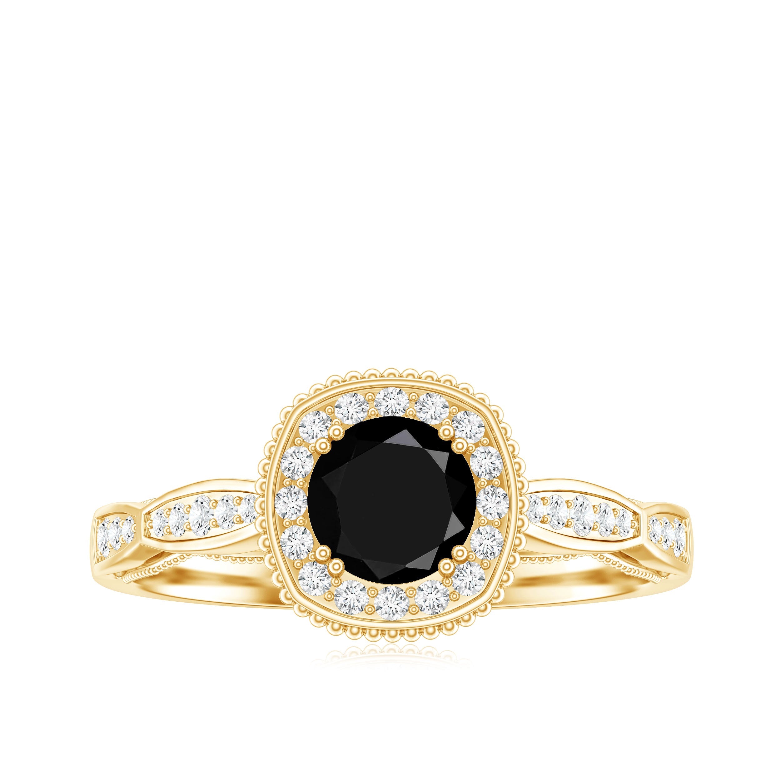 0.4 Carat Round Shape Black Onyx Vintage Engagement Ring with Diamond Halo