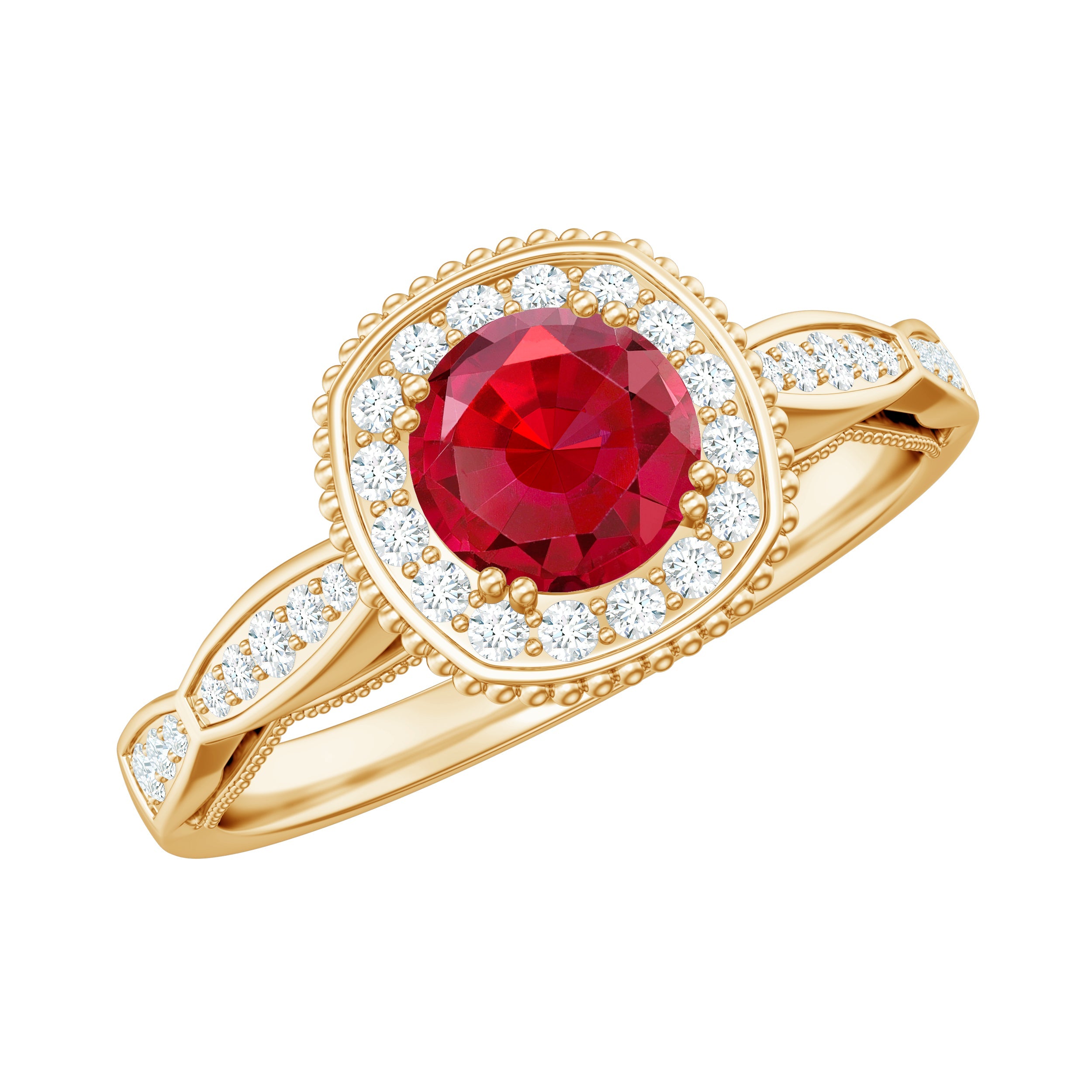 Vintage inspired round created ruby engagement ring with diamond halo in yellow gold