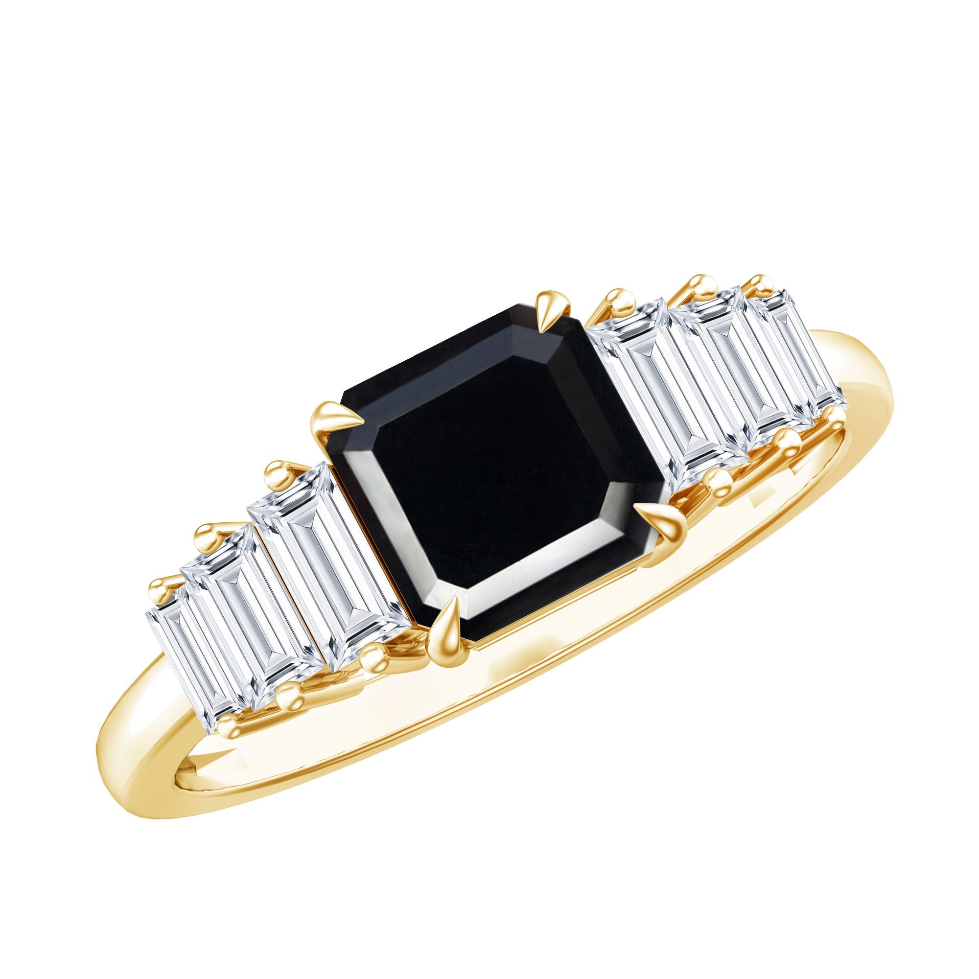 Asscher Cut Black Onyx Engagement Ring with Baguette Moissanite