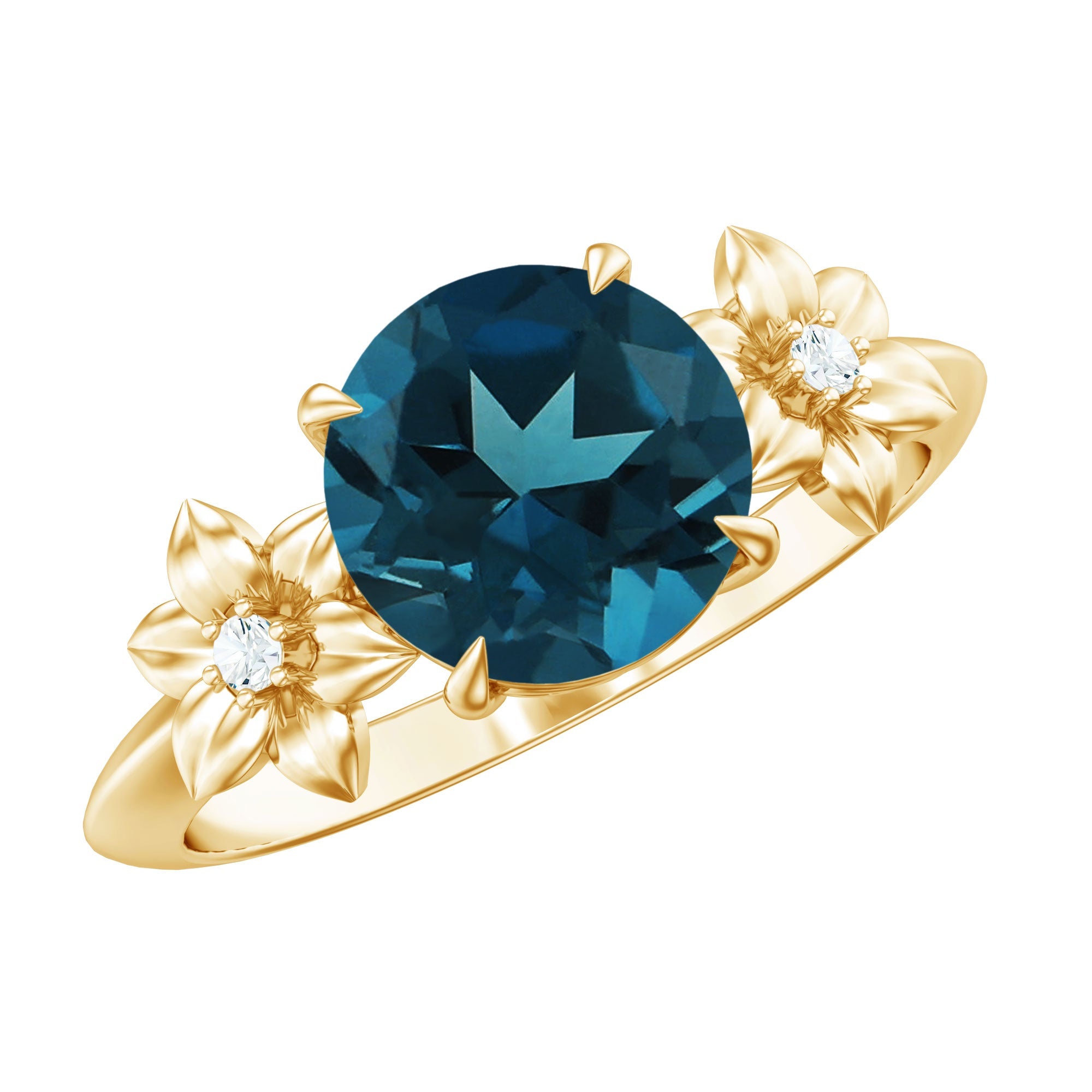 2 Carat Round London Blue Topaz Solitaire Floral Engagement Ring