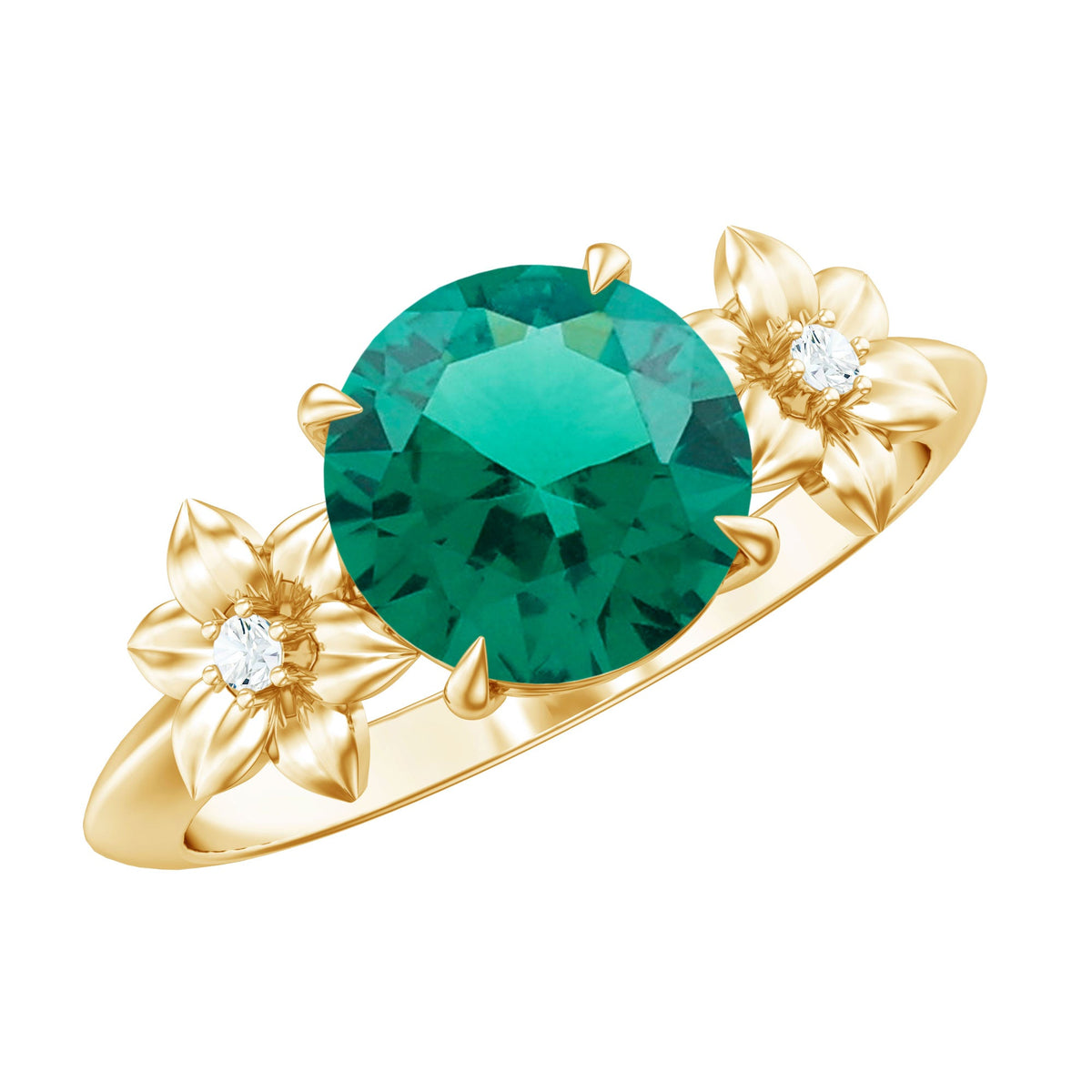 Lab Grown Emerald Ring | Timeless Floral Engagement Ring with Diamond Accent Design