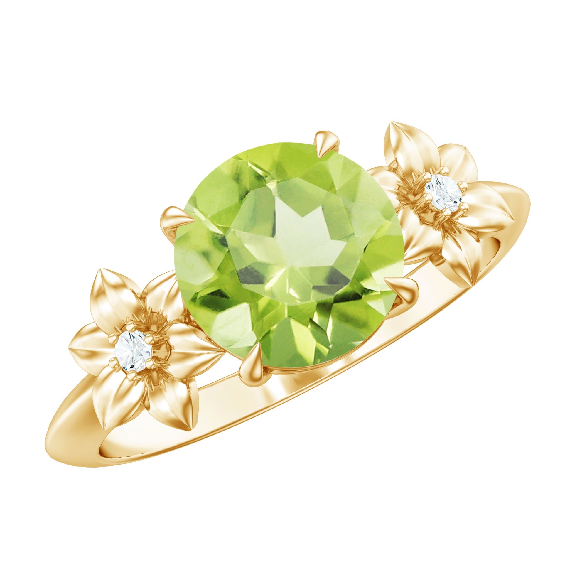 Peridot Engagement Ring – 2 Carat AAA Quality Natural Peridot with Diamond Flower Motif