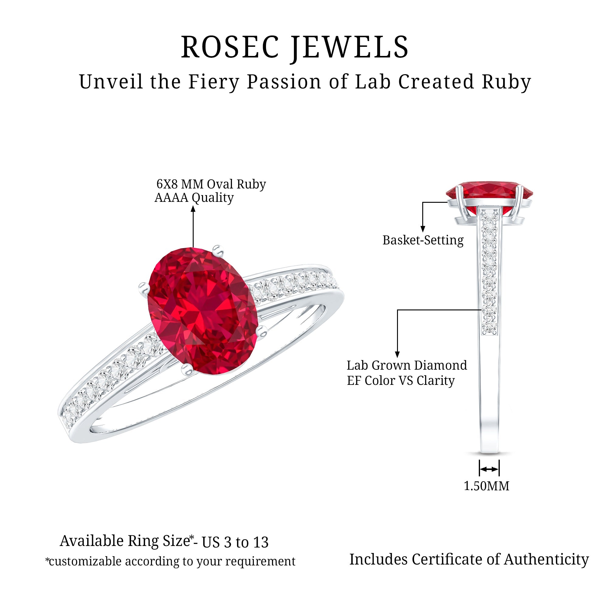 Lab Grown Ruby Ring – 1.5 Carat Oval Ruby Engagement Ring With Diamond Side Stones