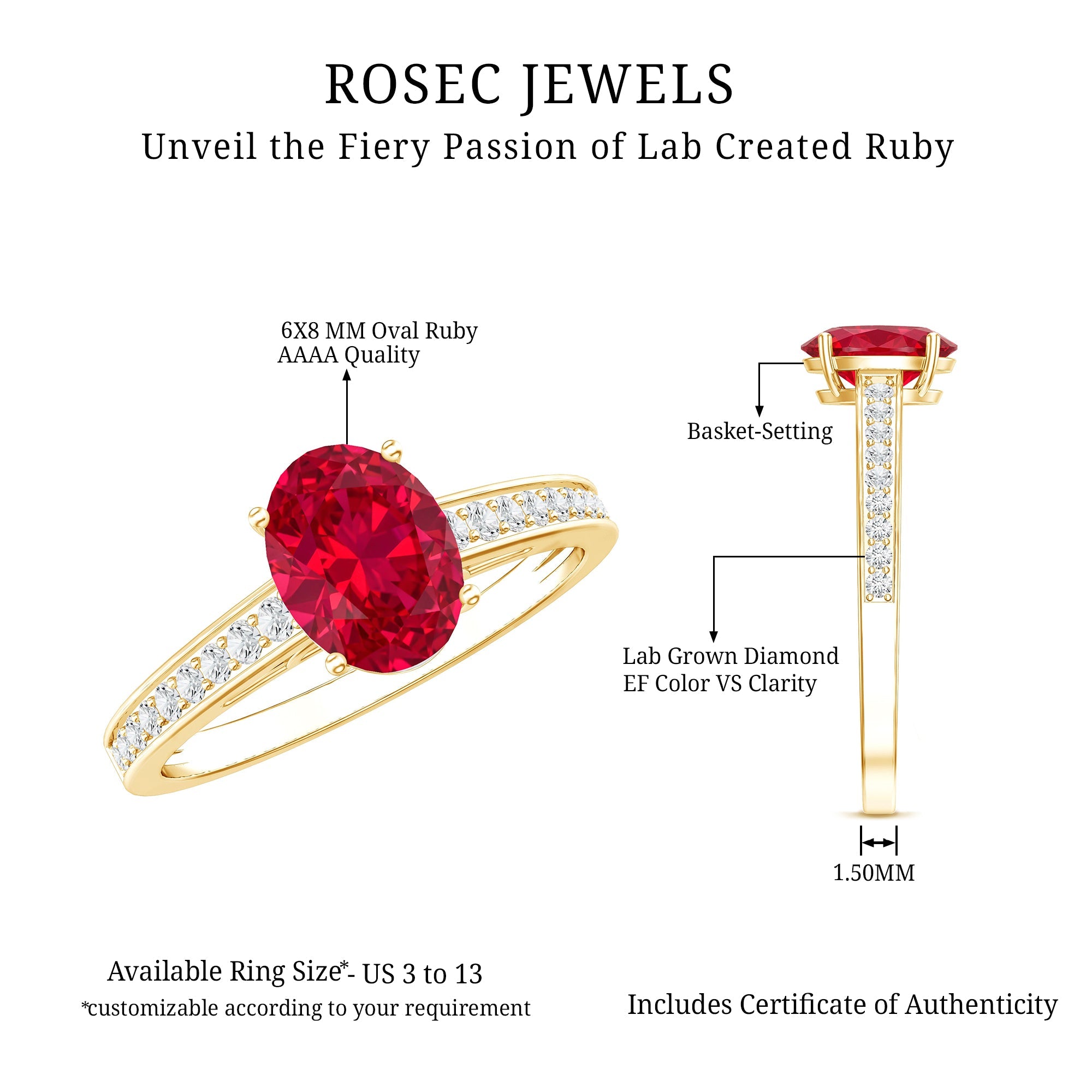Lab Grown Ruby Ring – 1.5 Carat Oval Ruby Engagement Ring With Diamond Side Stones