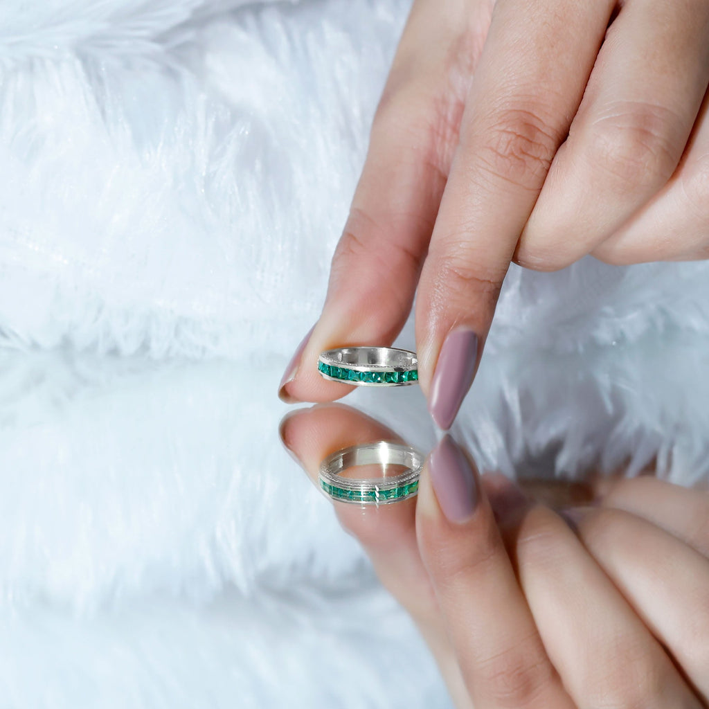 Princess Cut Emerald Ring – Lab Grown Emerald Eternity Band | AAA Quality Green Gemstone