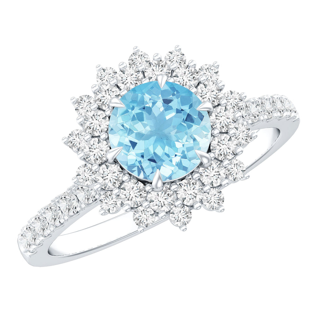Aquamarine Engagement Ring – Moissanite Halo Cluster With AAA Aquamarine Jewelry