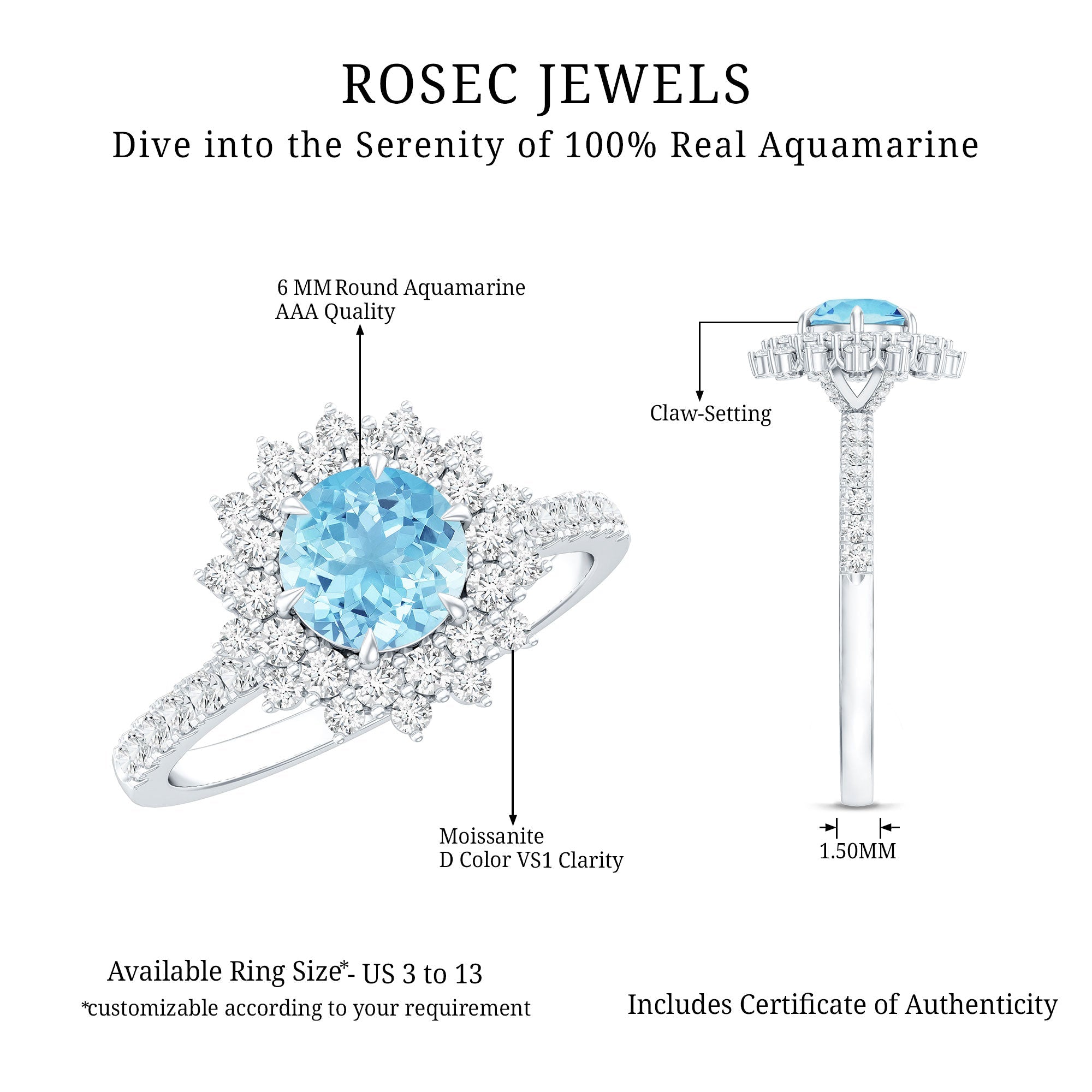 Aquamarine Engagement Ring – Moissanite Halo Cluster With AAA Aquamarine Jewelry