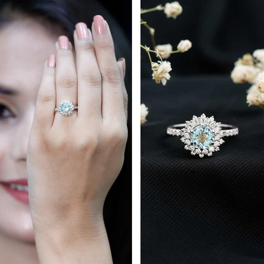 Aquamarine Engagement Ring – Moissanite Halo Cluster With AAA Aquamarine Jewelry