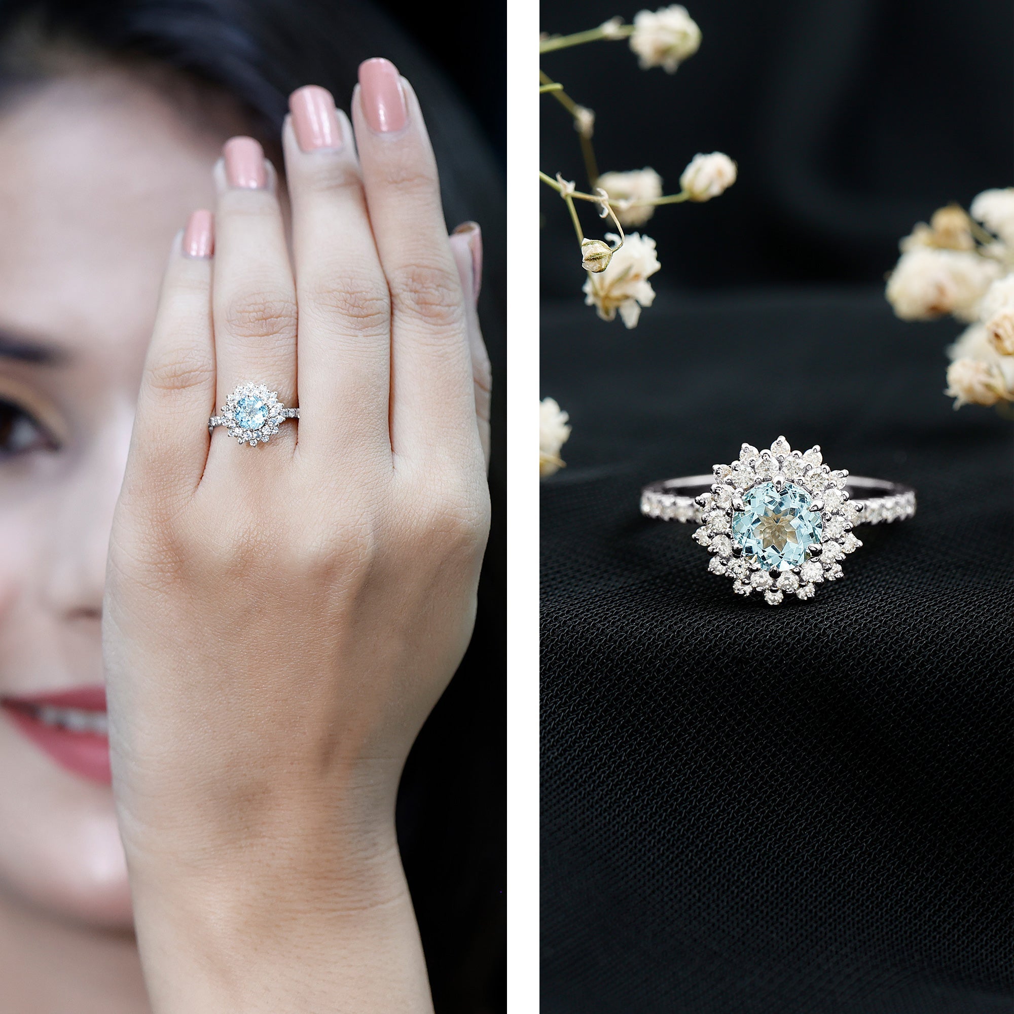 Aquamarine Engagement Ring – Moissanite Halo Cluster With AAA Aquamarine Jewelry