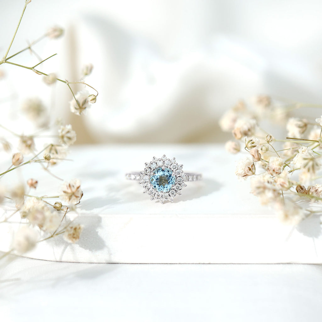 Aquamarine Engagement Ring – Moissanite Halo Cluster With AAA Aquamarine Jewelry