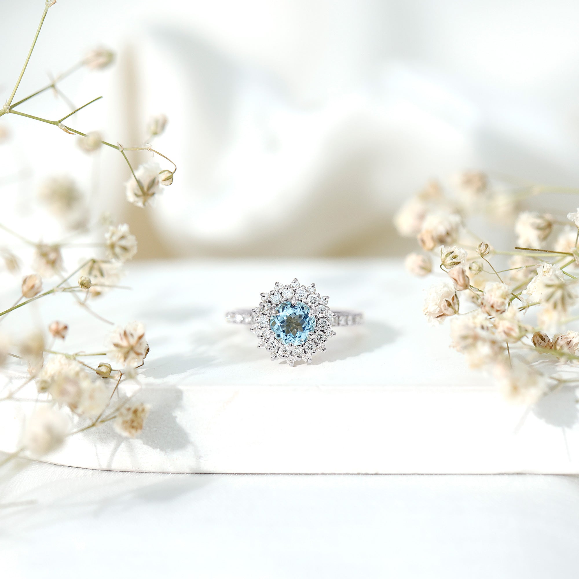 Aquamarine Engagement Ring – Moissanite Halo Cluster With AAA Aquamarine Jewelry